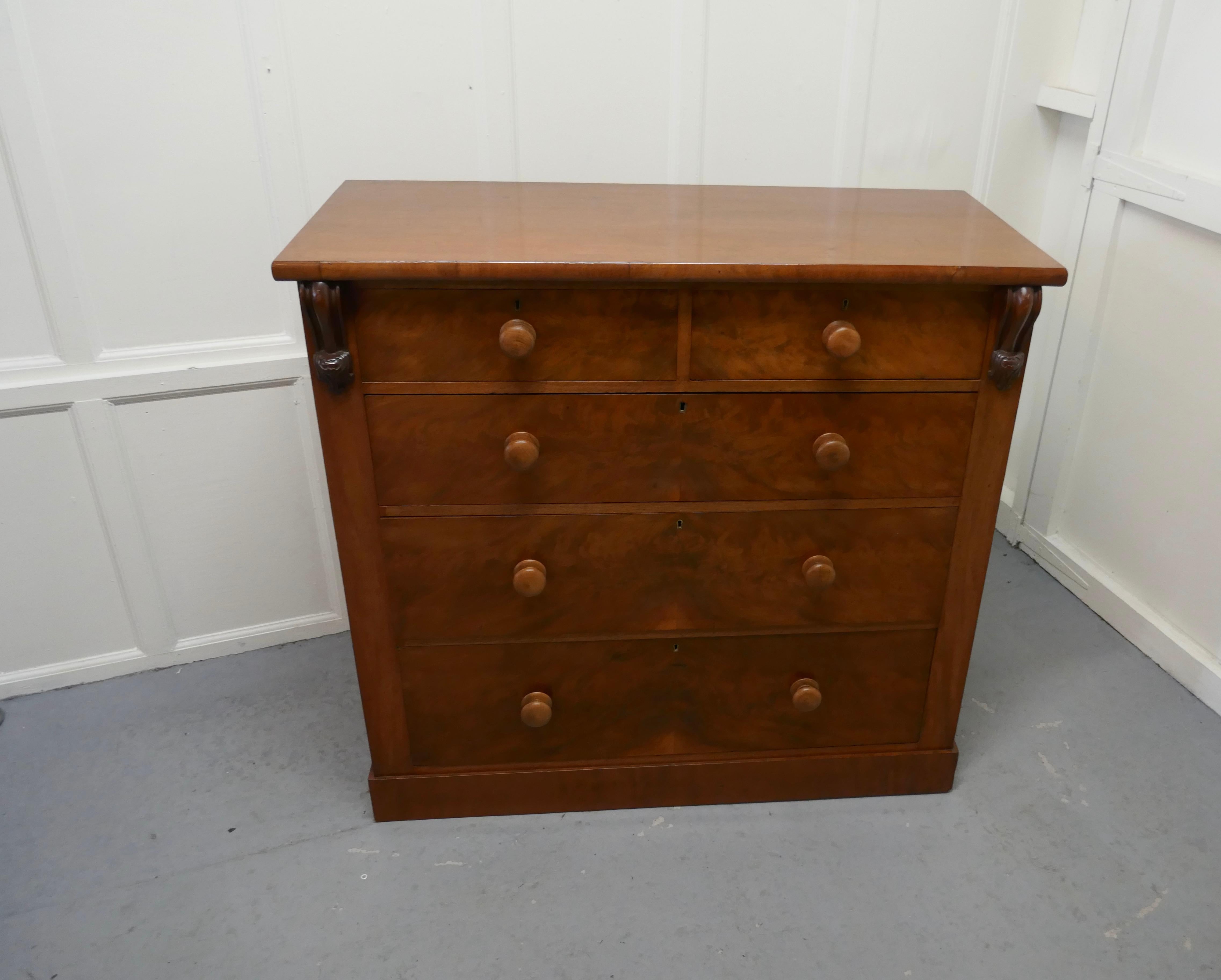 Large Victorian mahogany chest of drawers

Victorian flame mahogany chest of drawers, the chest has 2 carved mahogany corbels on the front, it has 2 short over 3 graduated drawers with turned wooden knobs

The chest is in very good condition, it