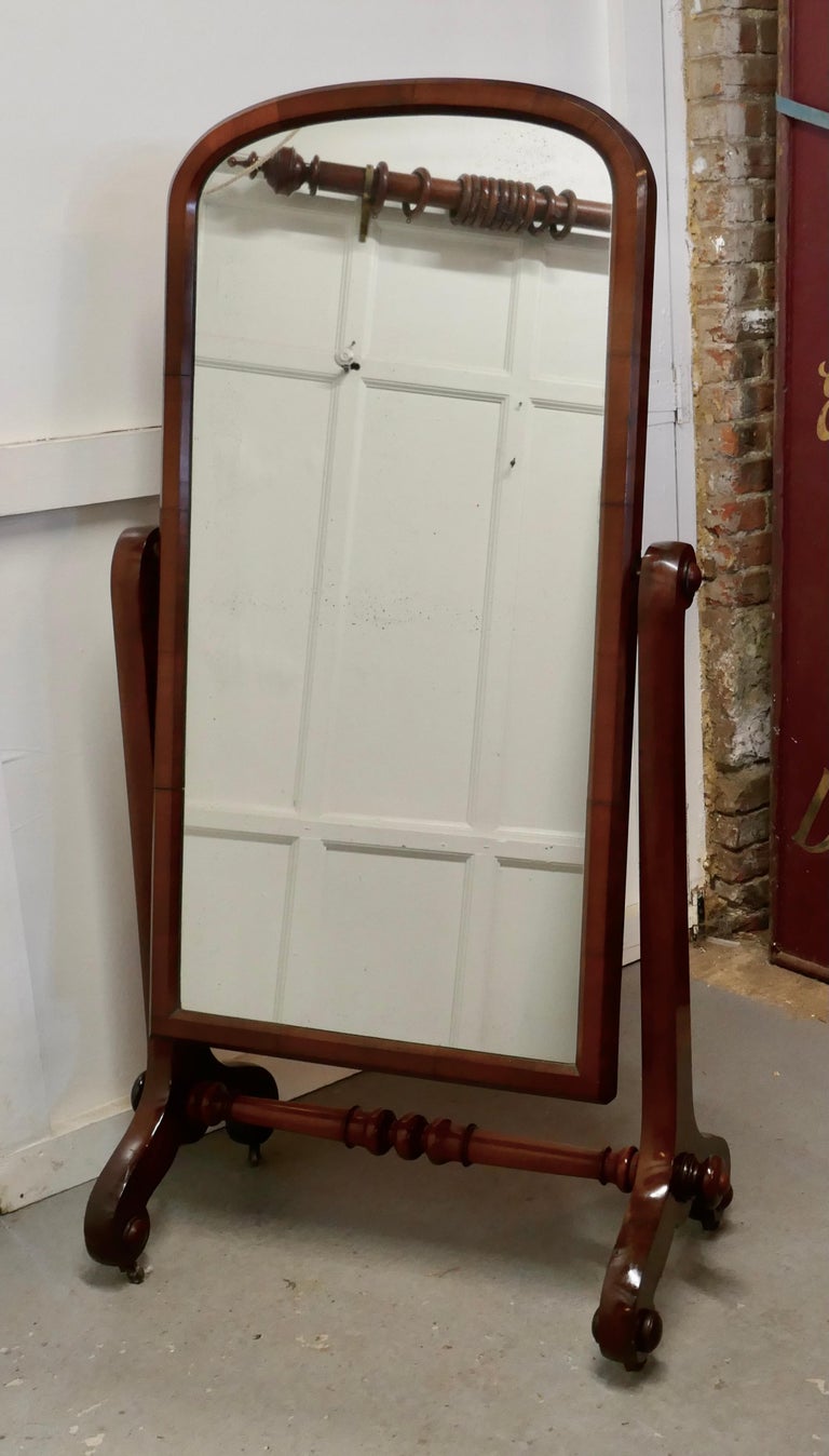 Large Victorian mahogany cheval mirror

Large Victorian mahogany cheval mirror this is a good quality piece the Stand is in mahogany with scroll feet and curved uprights, the mirror is in good condition and has been recently repolished.
The