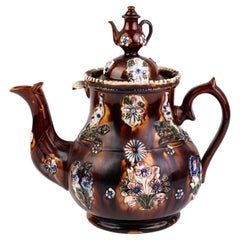 Large Victorian Measham Bargeware Glazed Pottery Teapot 19th Century 