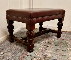 Large Victorian Oak and Leather Library Stool
