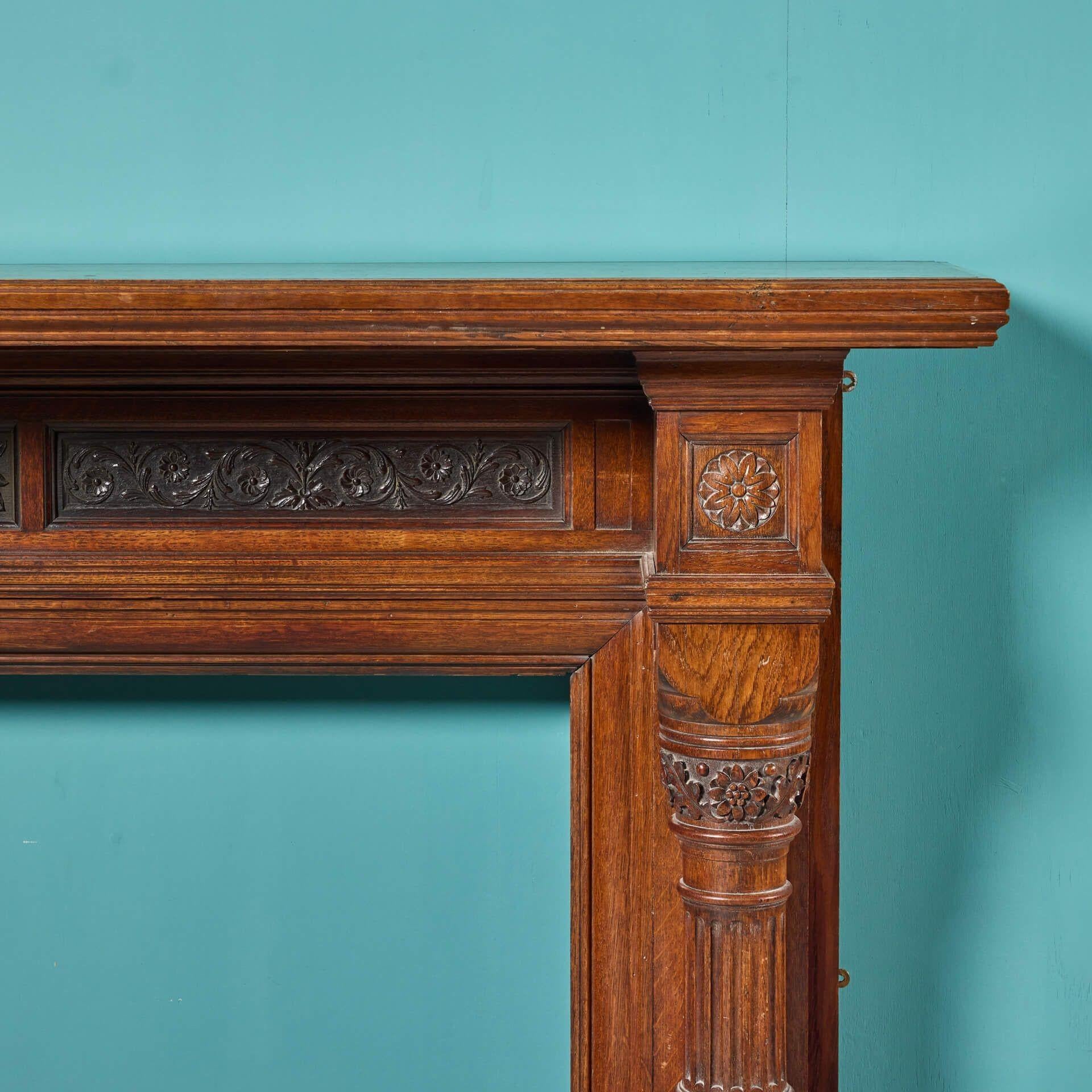 English Large Victorian Oak Fire Mantel with Carved Jambs For Sale