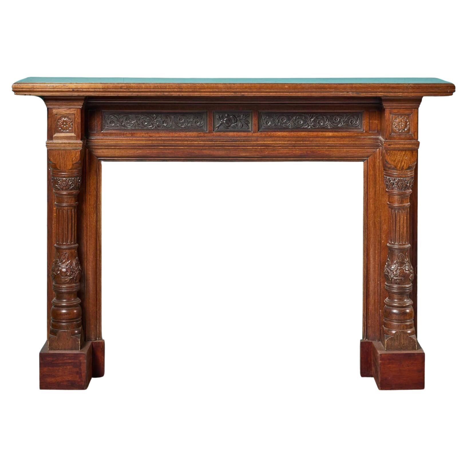 Large Victorian Oak Fire Mantel with Carved Jambs For Sale
