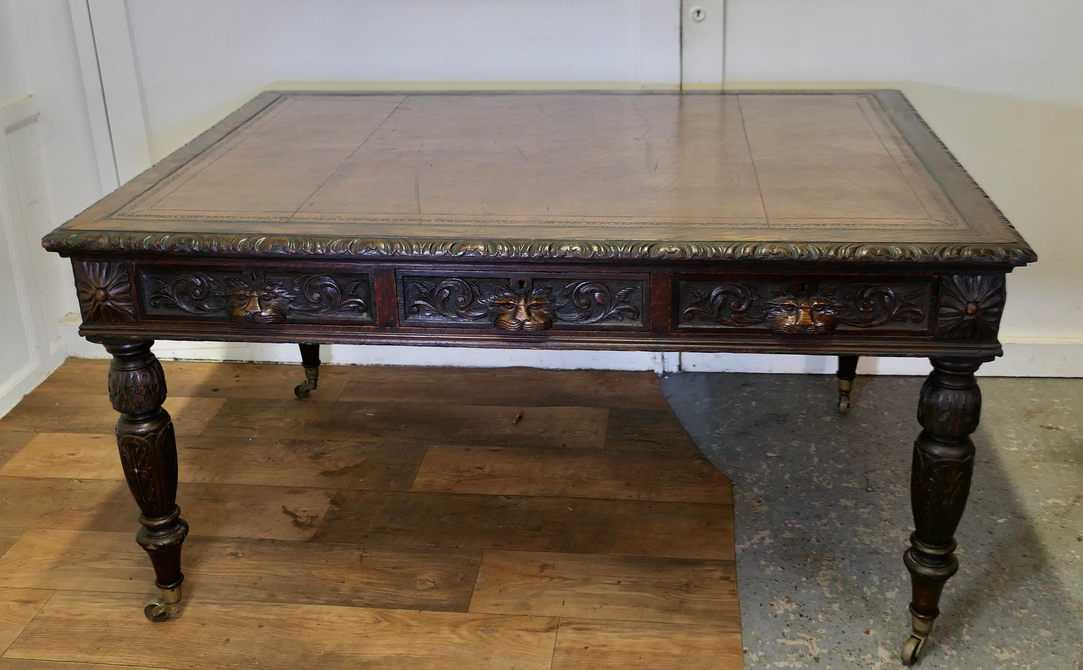  Großer viktorianischer Partner-Schreibtisch aus Eiche mit Lederplatte, EDWARDS & ROBERTS Bibliothekstisch  (Gotisch) im Angebot