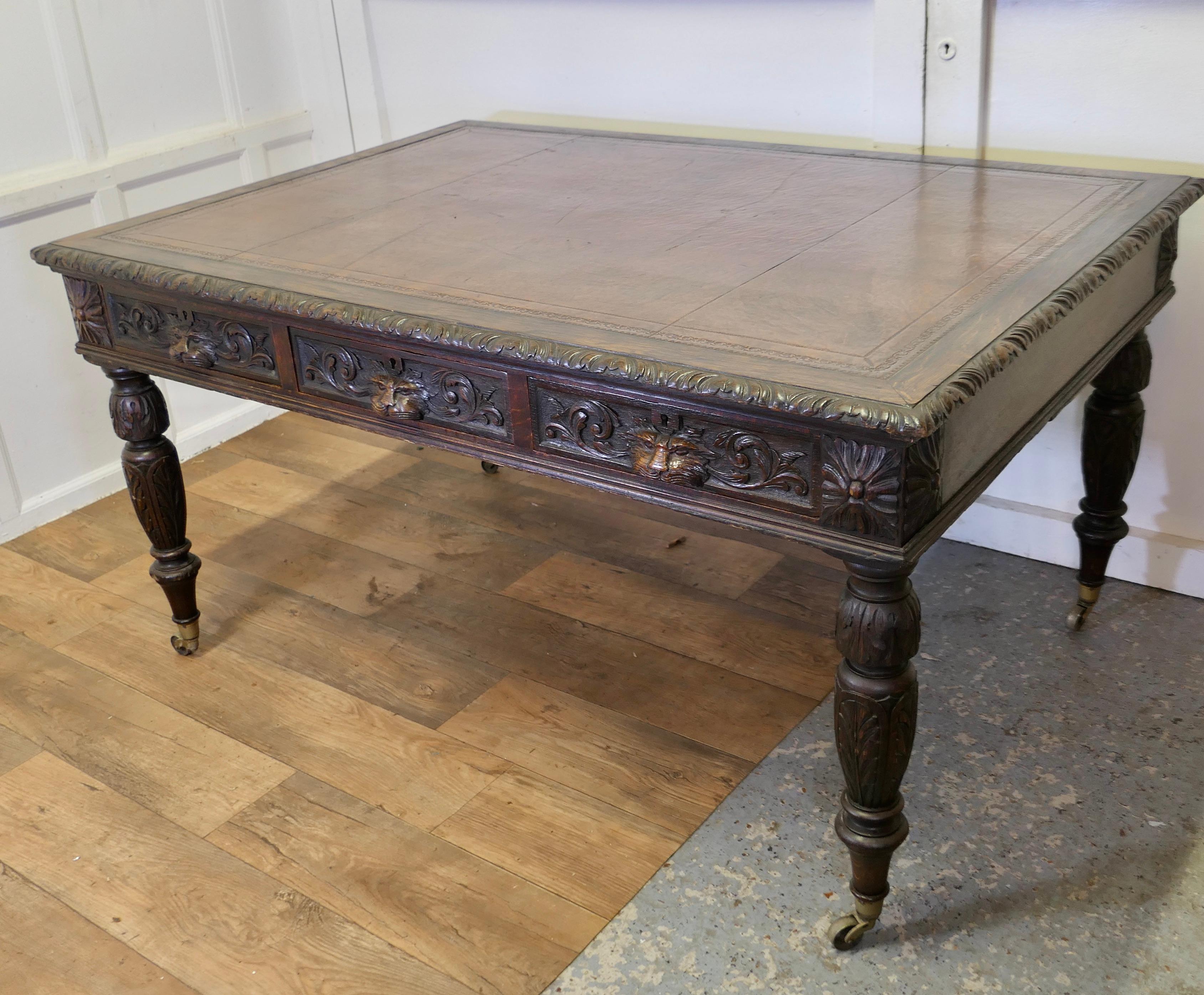  Large Victorian Oak Leather Top Partners Desk, EDWARDS & ROBERTS Library Table  In Good Condition For Sale In Chillerton, Isle of Wight