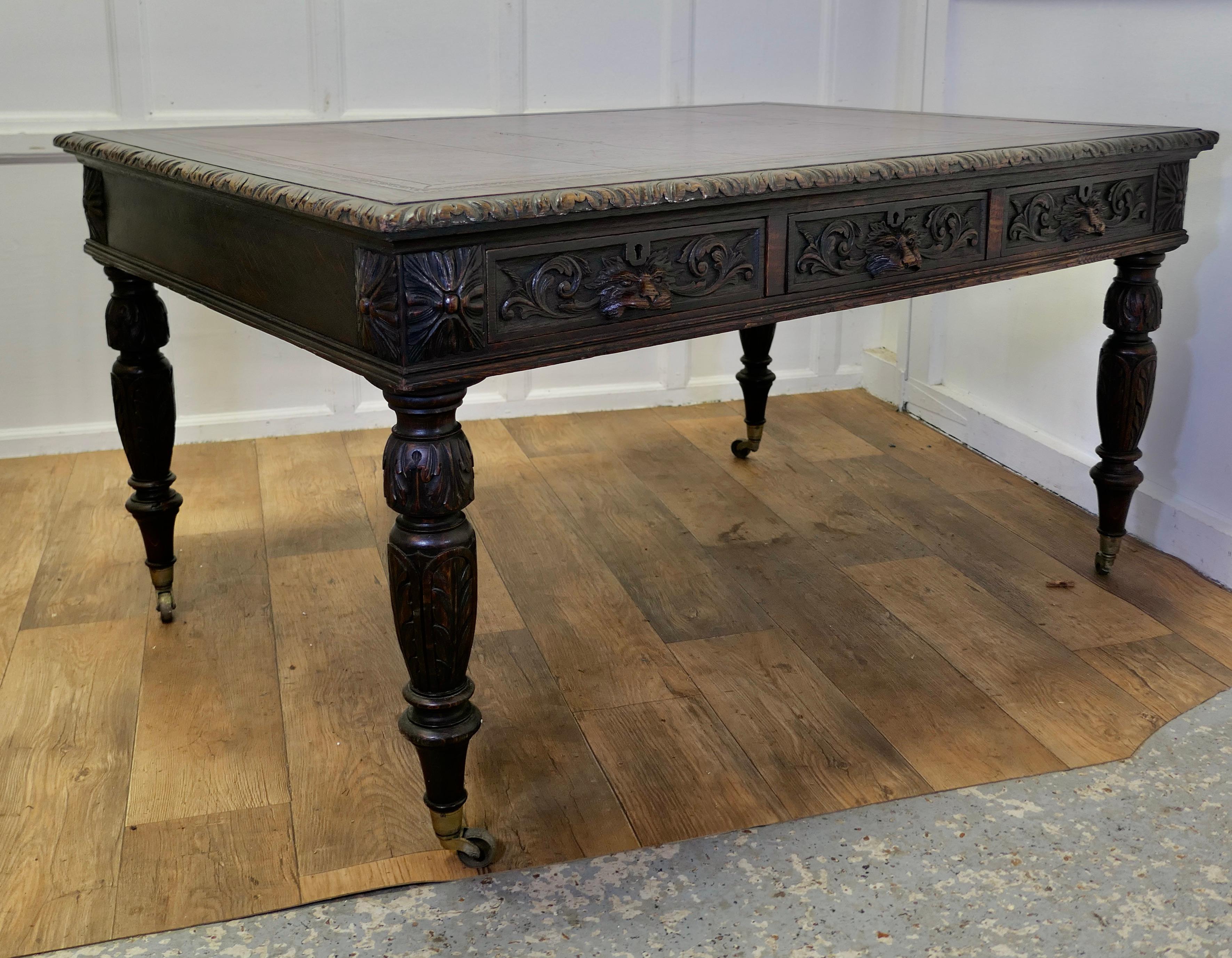  Large Victorian Oak Leather Top Partners Desk, EDWARDS & ROBERTS Library Table  For Sale 1