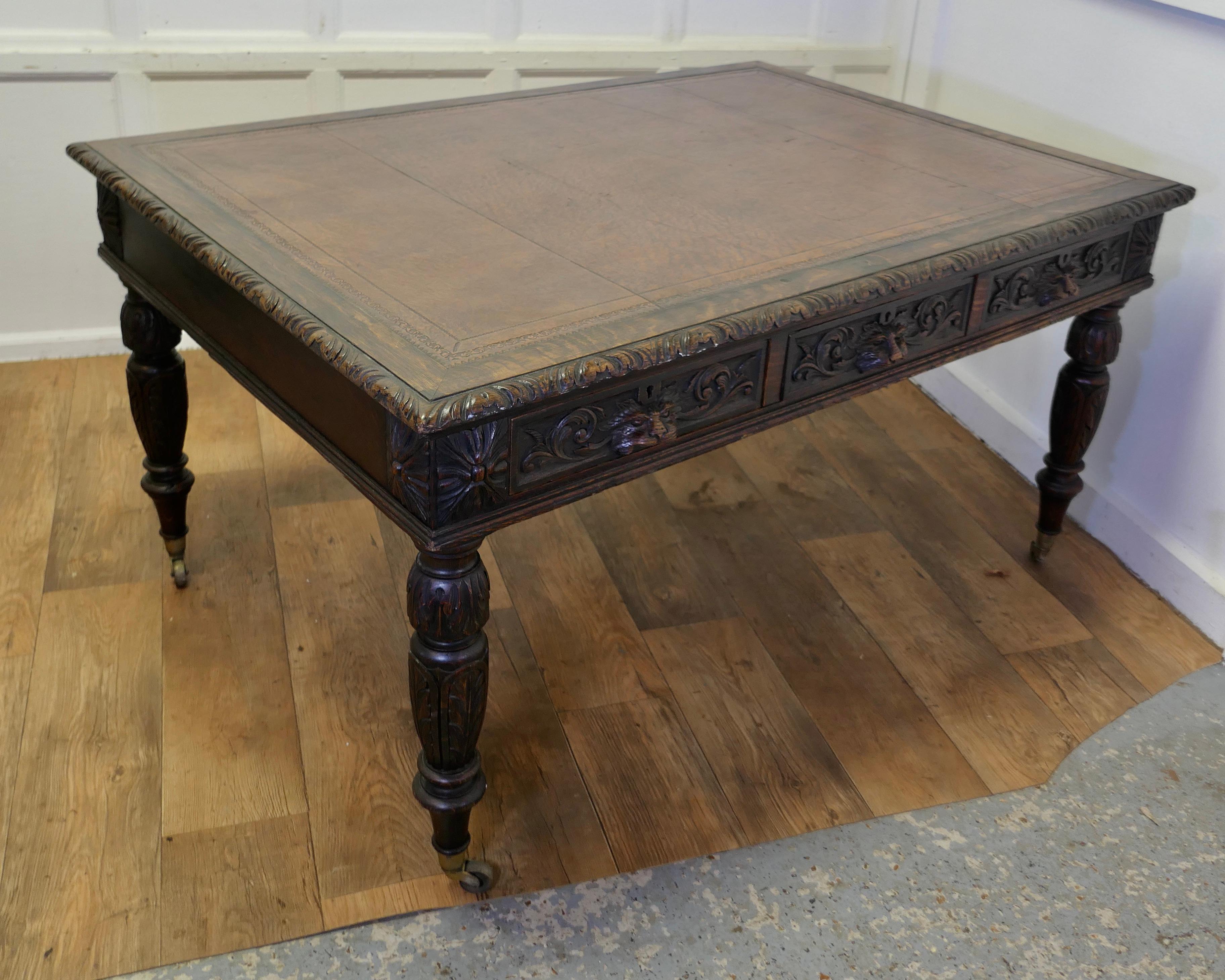  Large Victorian Oak Leather Top Partners Desk, EDWARDS & ROBERTS Library Table  For Sale 2