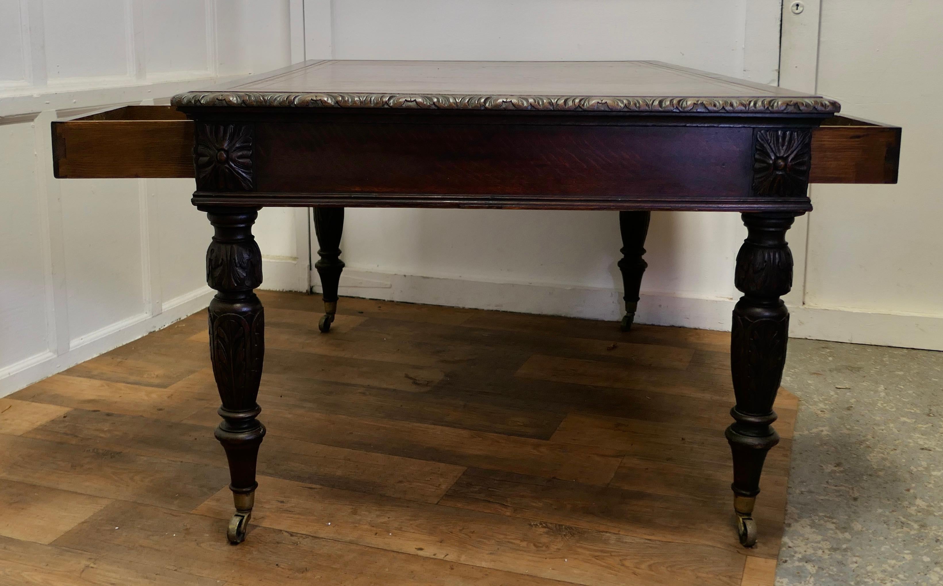  Large Victorian Oak Leather Top Partners Desk, EDWARDS & ROBERTS Library Table  For Sale 3