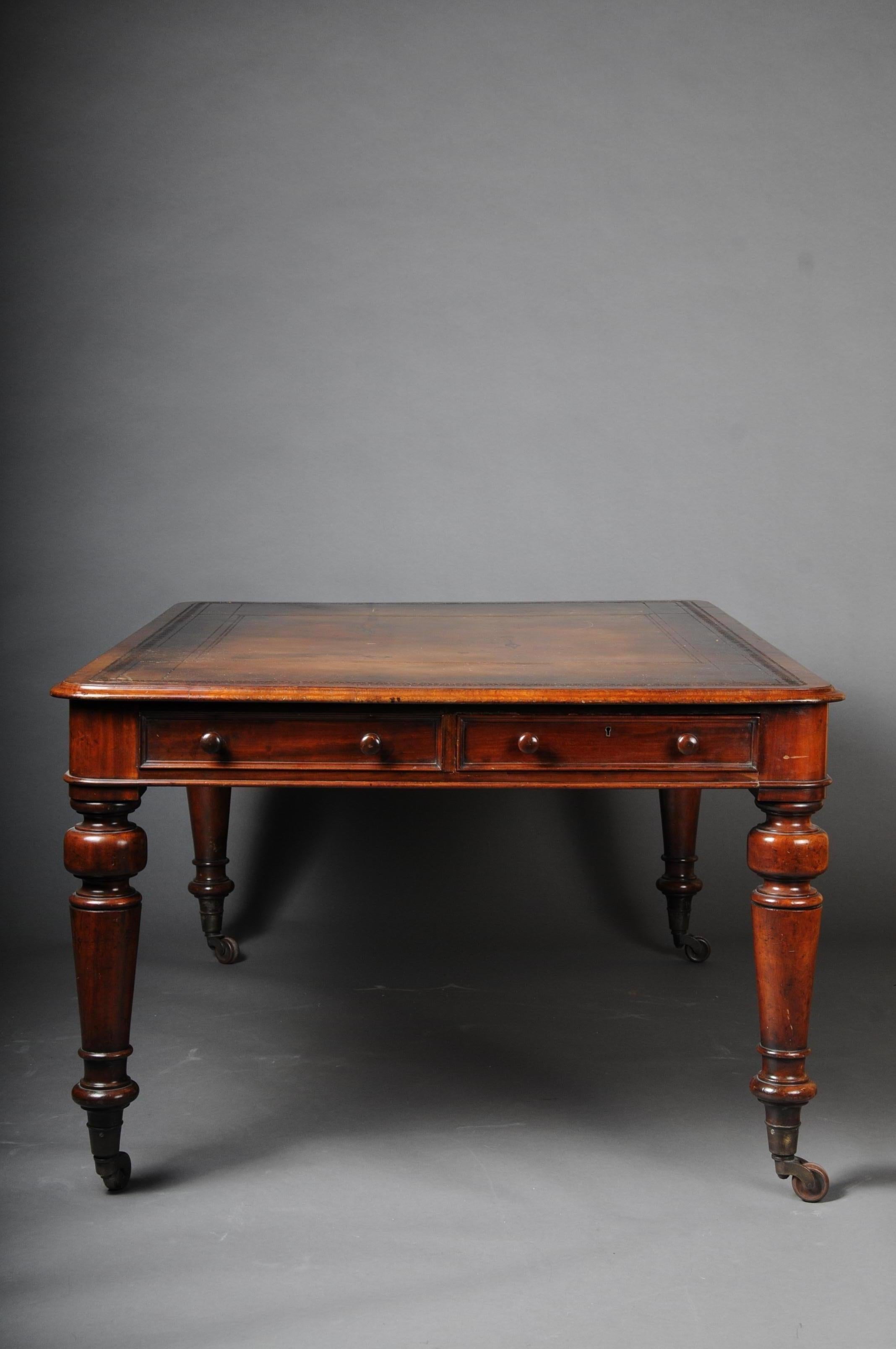 Leather Large Victorian Partner Desk, England, 19th Century