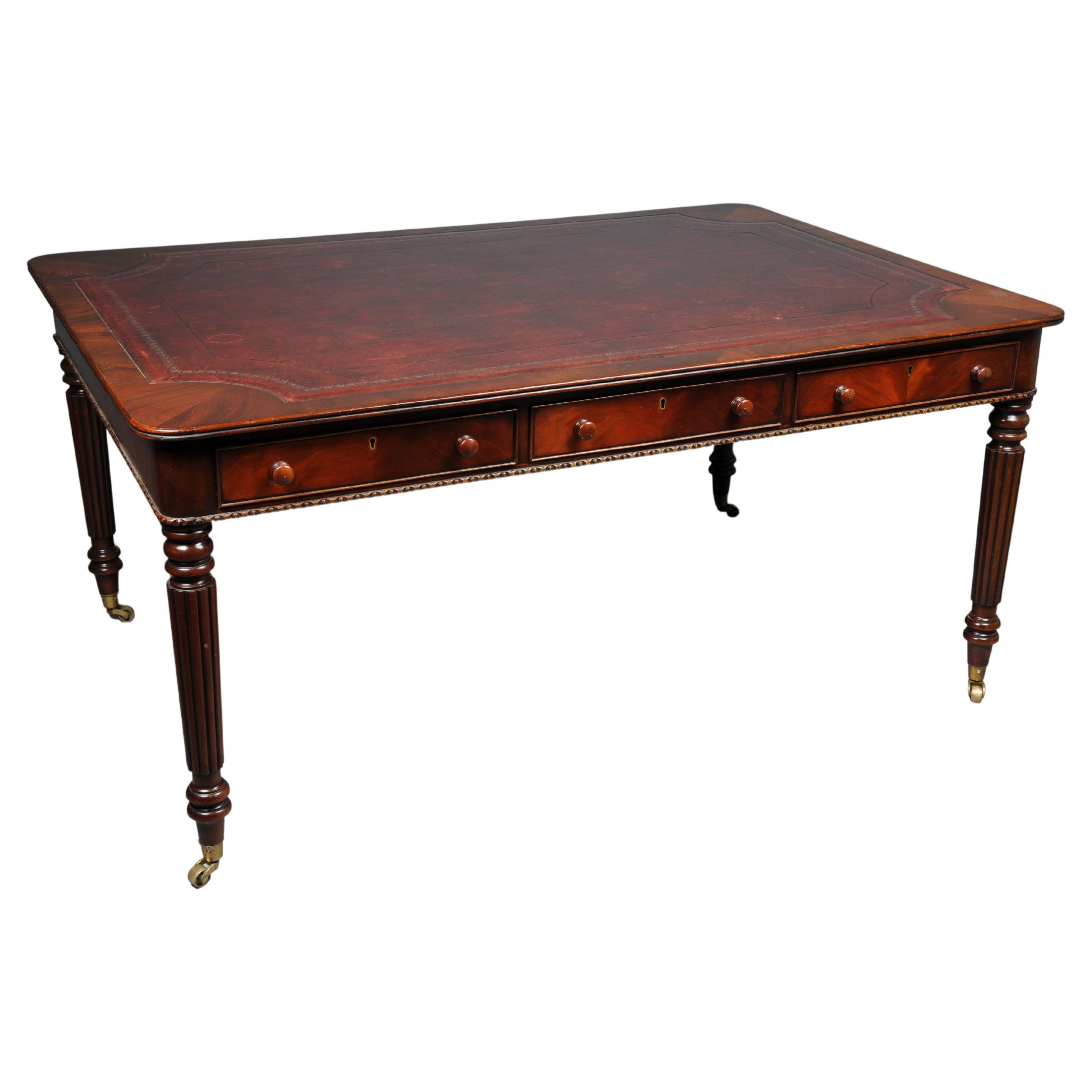 Large Victorian Partner Desk, England, 19th Century, Mahogany with Leather For Sale