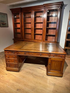 Large Victorian partners desk with lovely aged leather top and patina