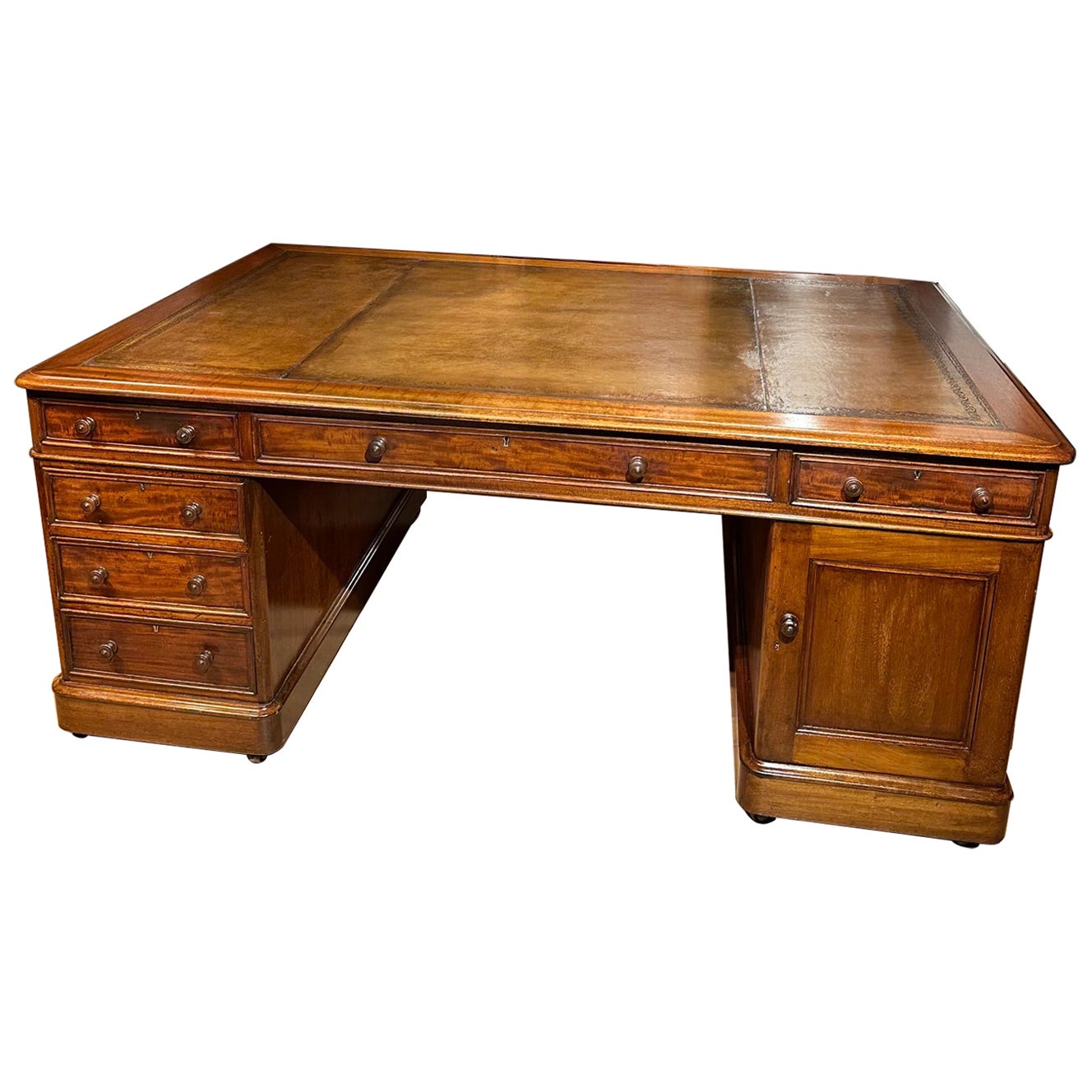 Large Victorian partners desk with lovely aged leather top and patina