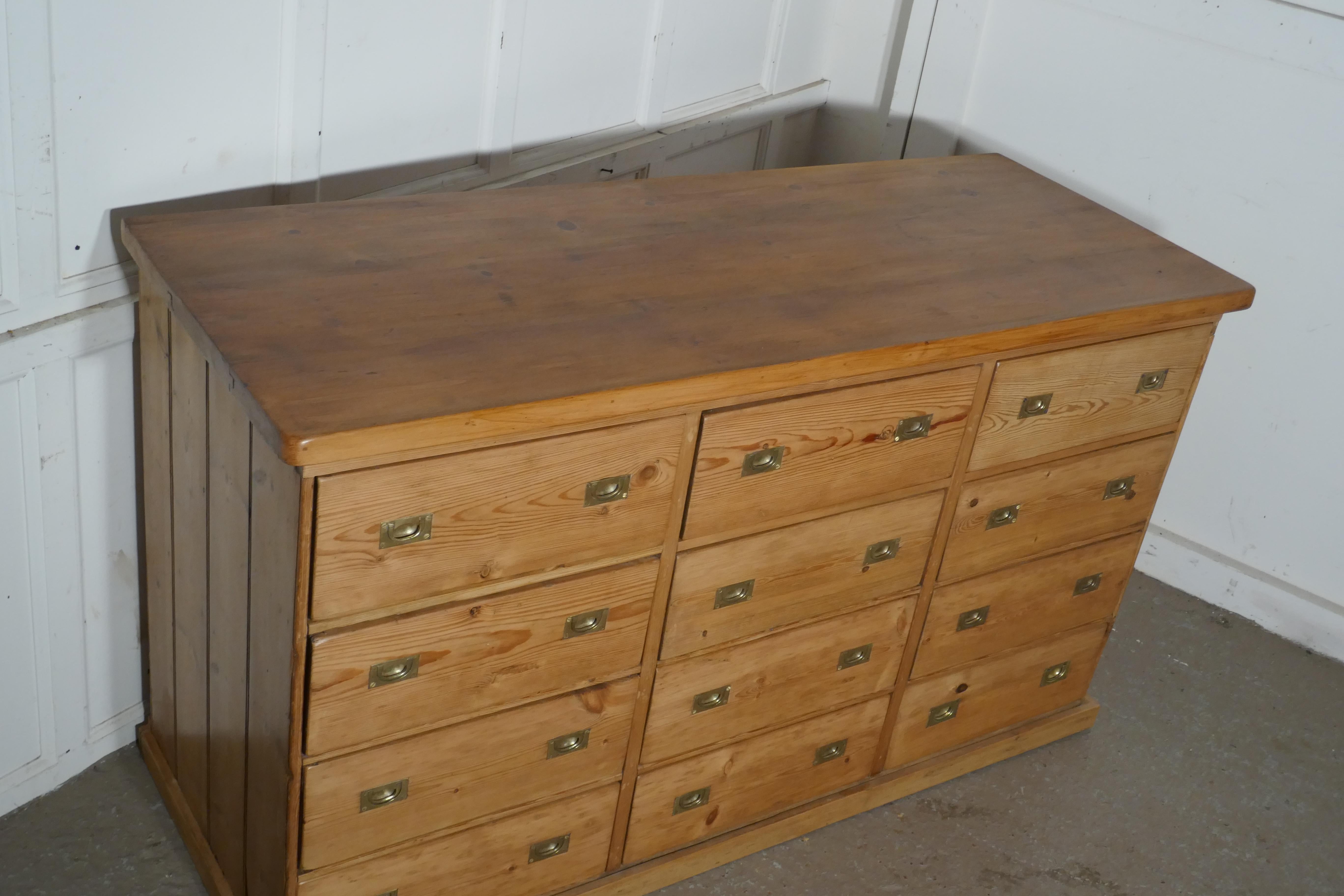 19th Century Large Victorian Pine 12-Drawer Haberdashery Island Counter
