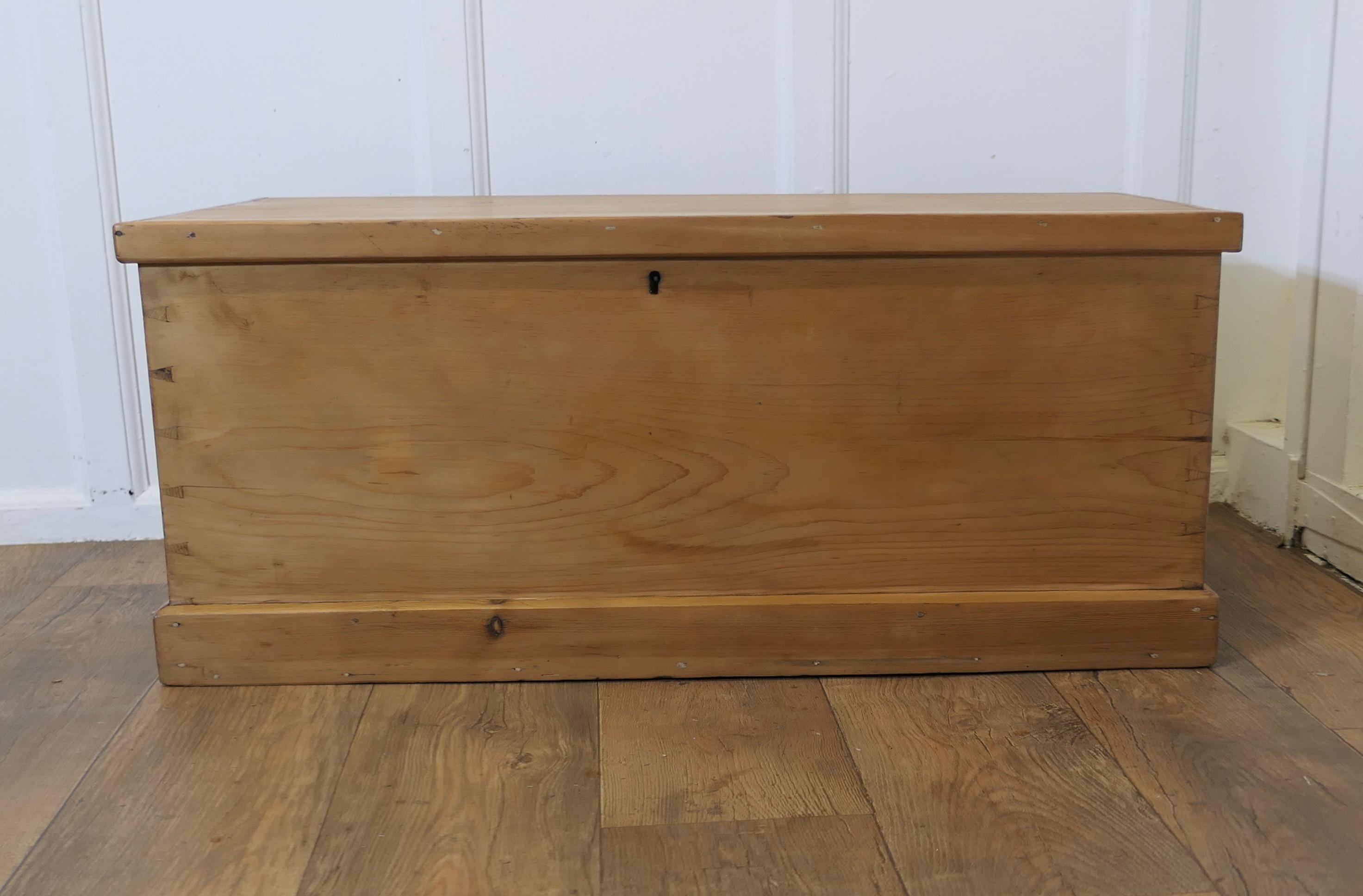 Large Victorian Pine Blanket Box  

This Handsome and very sturdy box has a deep moulded top and a plinth at the base and the box has sturdy carrying handles.  
This is a good quality chest is of very solid construction this would be a place for