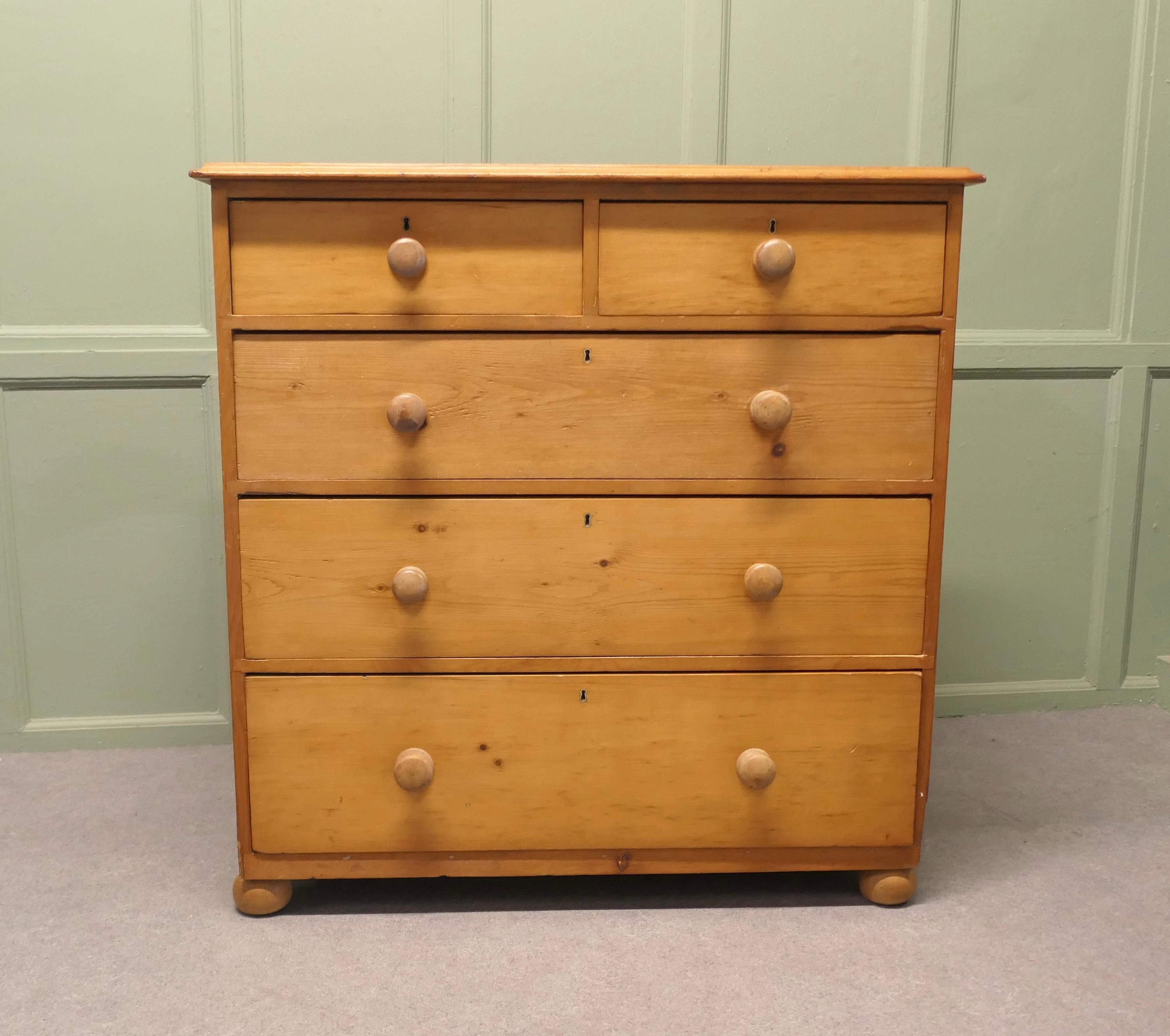 Large Victorian Pine Chest of Drawers

A Large Victorian Pine chest of drawers dates from 1890 it has been stripped and waxed.
This is a very good quality pine chest, the large five drawer version like this one is becoming a lot less available these