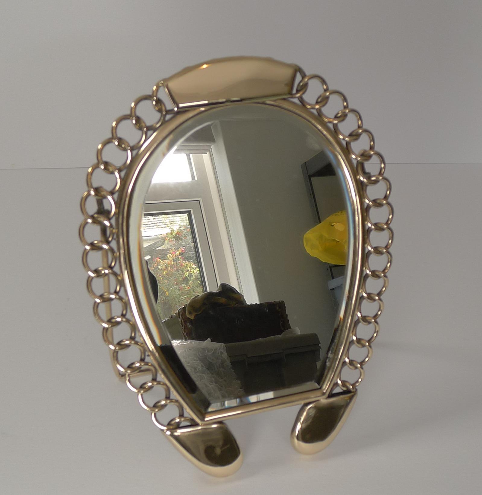 Beveled Large Victorian Polished Brass Horseshoe Table Mirror, circa 1880