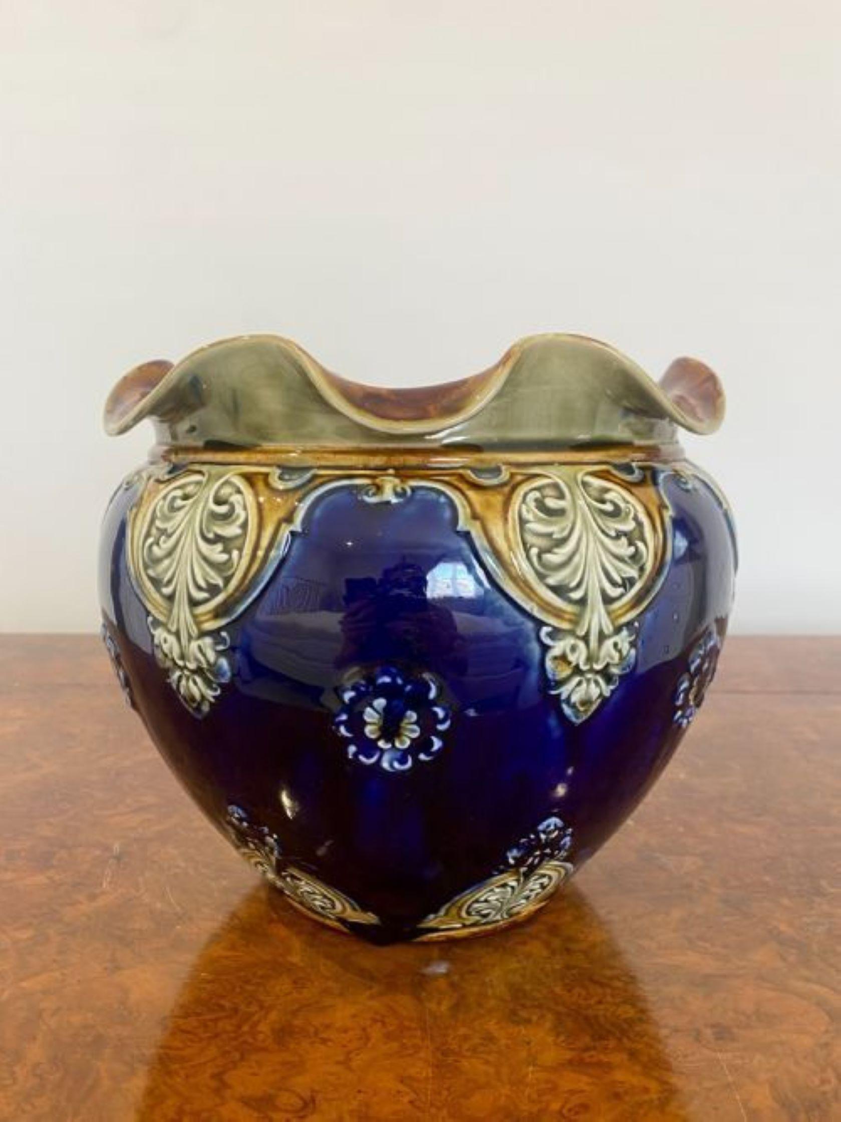 Large antique Victorian quality Doulton Lambeth jardiniere with a shaped top in wonderful blue, green and brown colours with floral decoration 