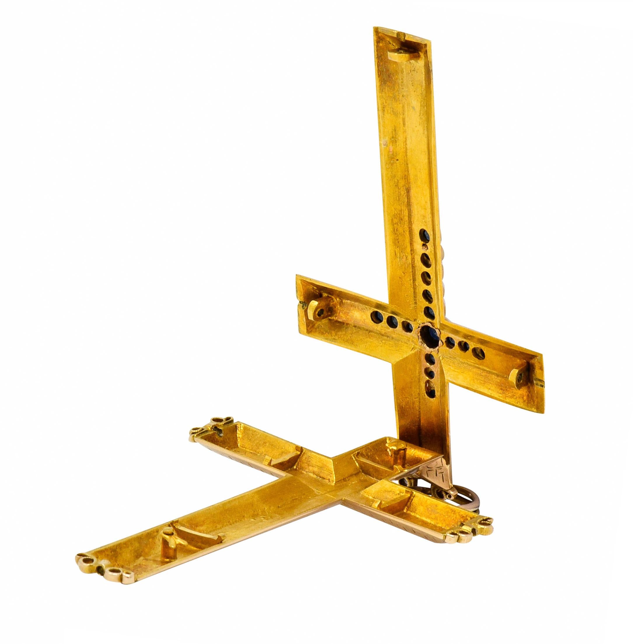 Large Victorian Sapphire 14 Karat Gold Reliquary Cross Pendant 6