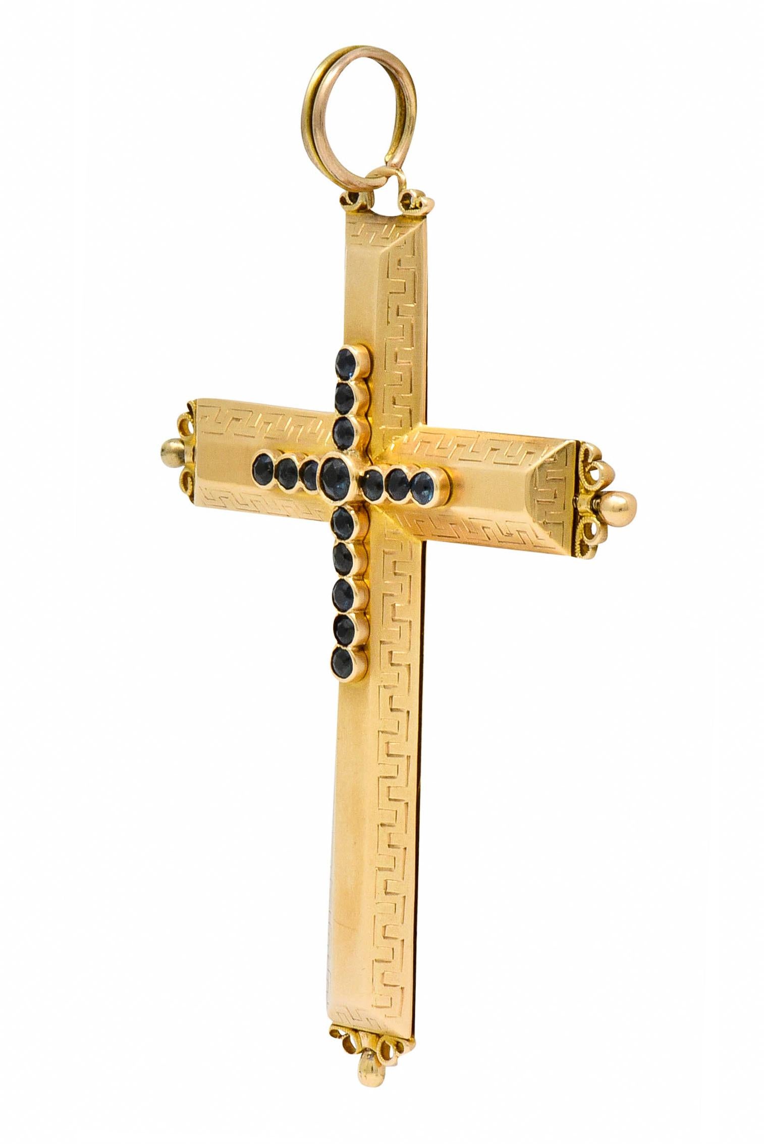 Round Cut Large Victorian Sapphire 14 Karat Gold Reliquary Cross Pendant