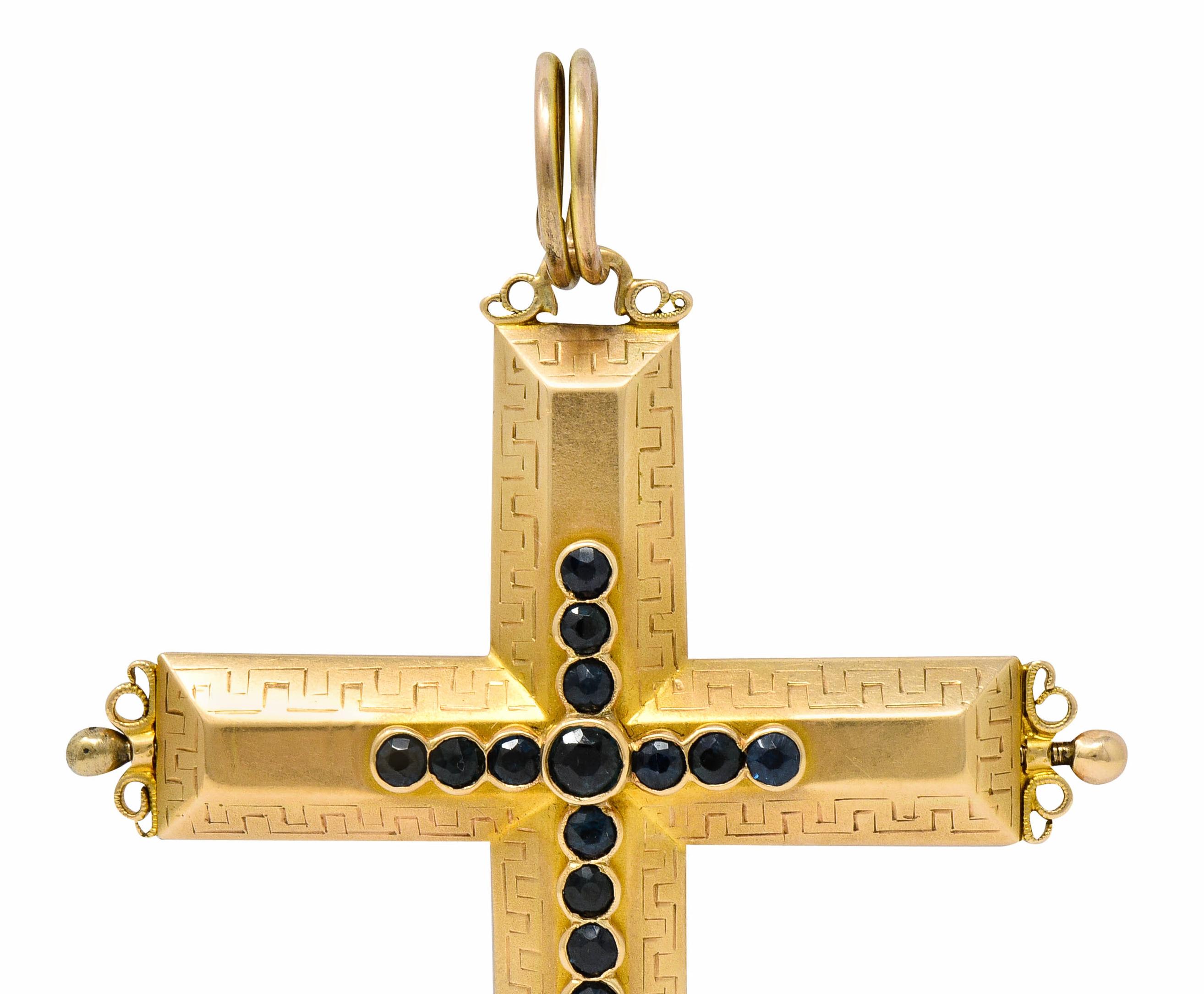 Large Victorian Sapphire 14 Karat Gold Reliquary Cross Pendant 1