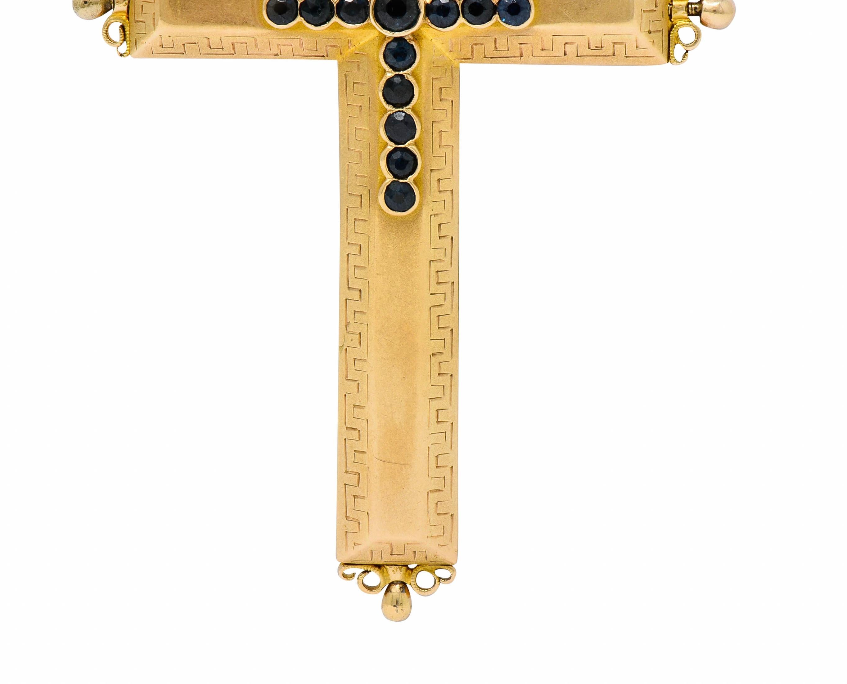 Large Victorian Sapphire 14 Karat Gold Reliquary Cross Pendant 2