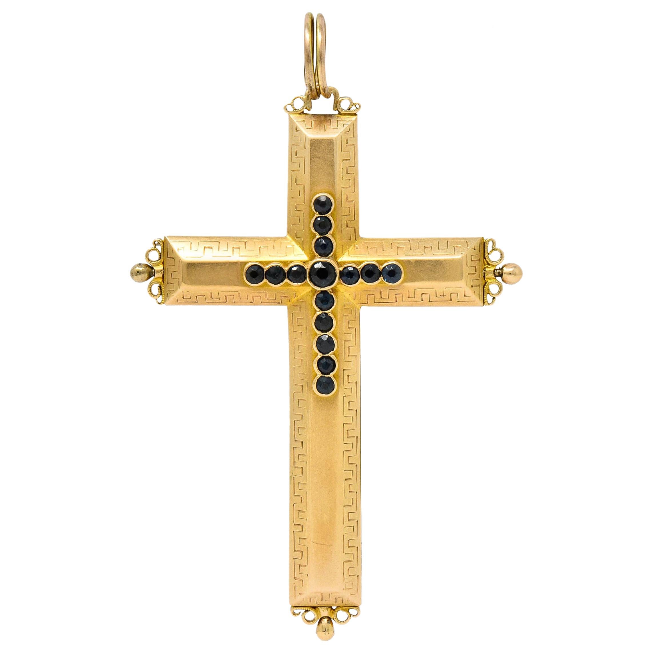 Large Victorian Sapphire 14 Karat Gold Reliquary Cross Pendant