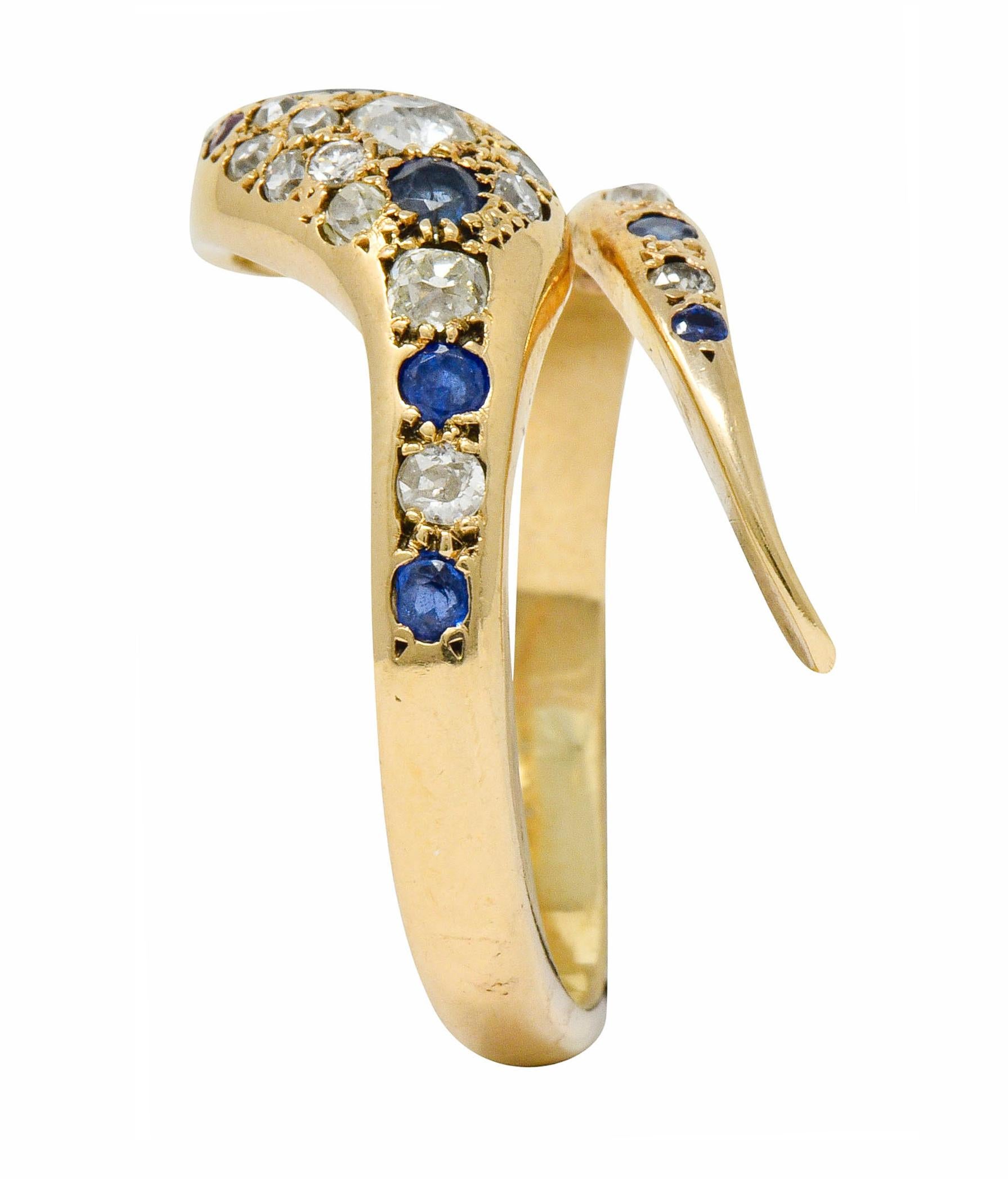 Large Victorian Sapphire Diamond 14 Karat Gold Unisex Bypass Snake Ring 7