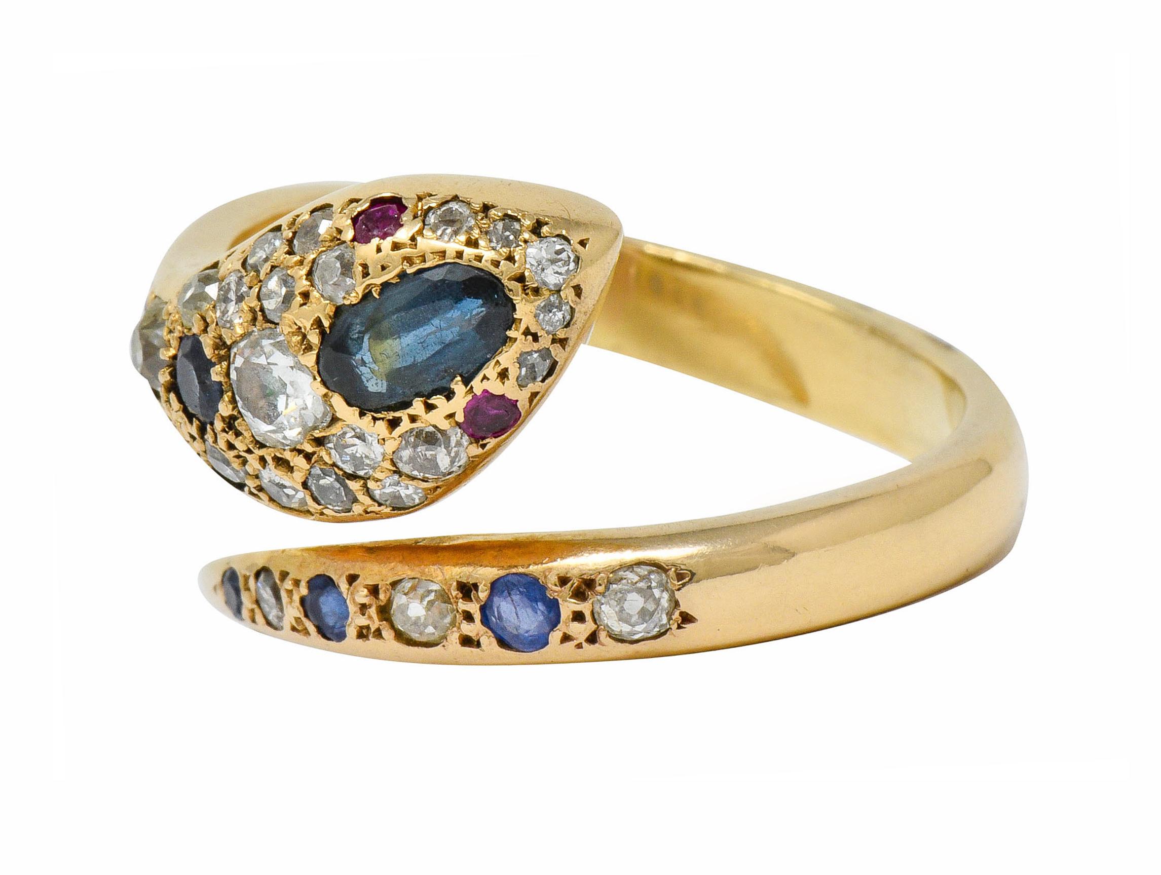 Large Victorian Sapphire Diamond 14 Karat Gold Unisex Bypass Snake Ring 2