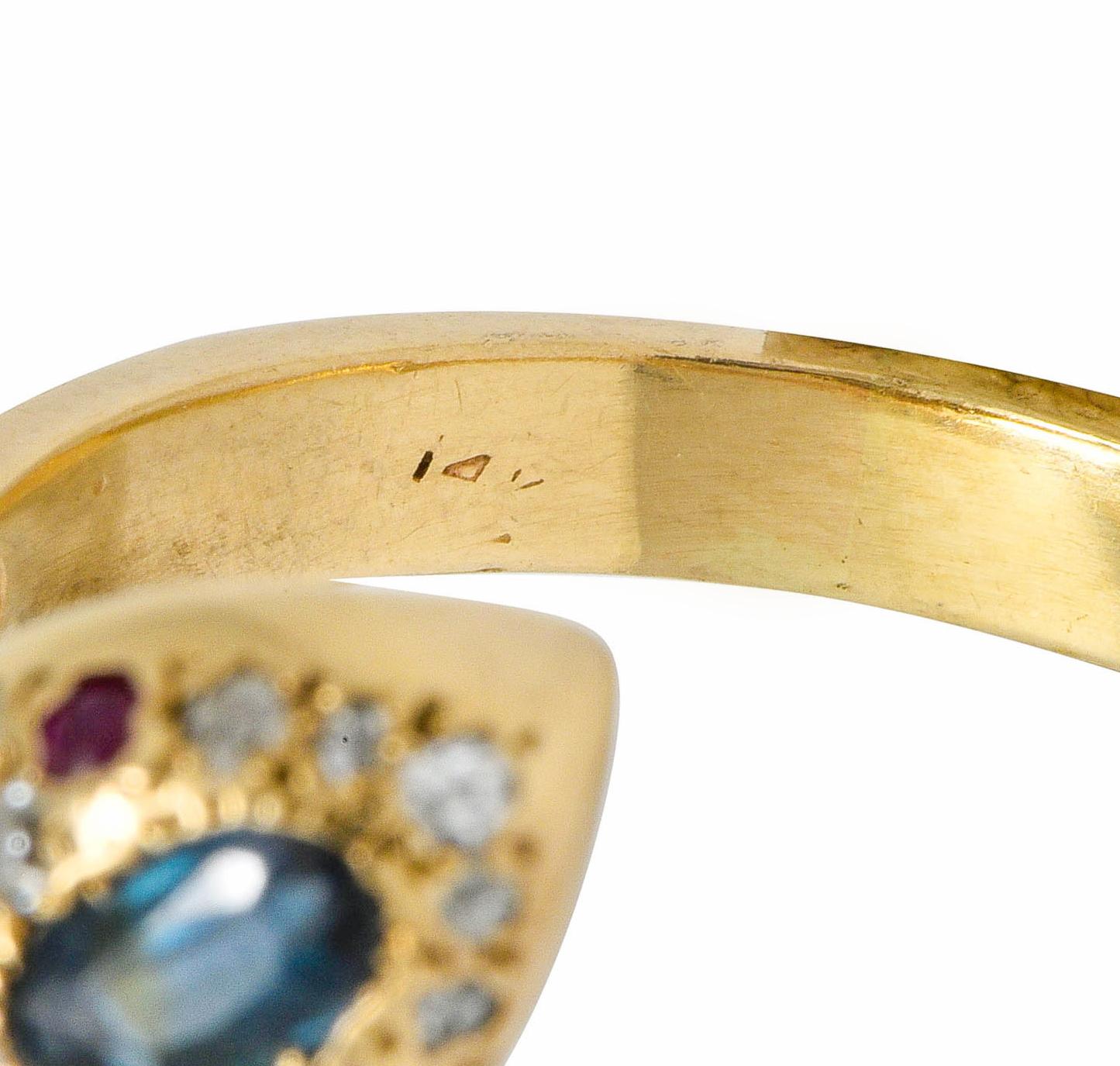 Large Victorian Sapphire Diamond 14 Karat Gold Unisex Bypass Snake Ring 3