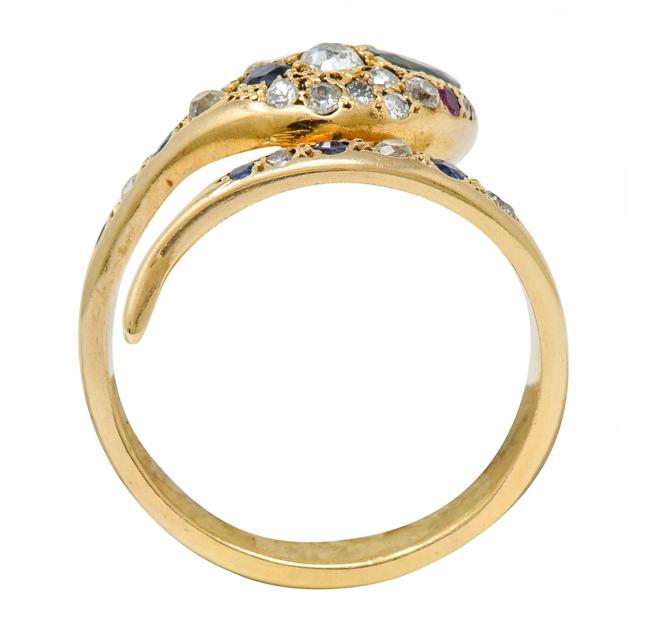 Large Victorian Sapphire Diamond 14 Karat Gold Unisex Bypass Snake Ring 4