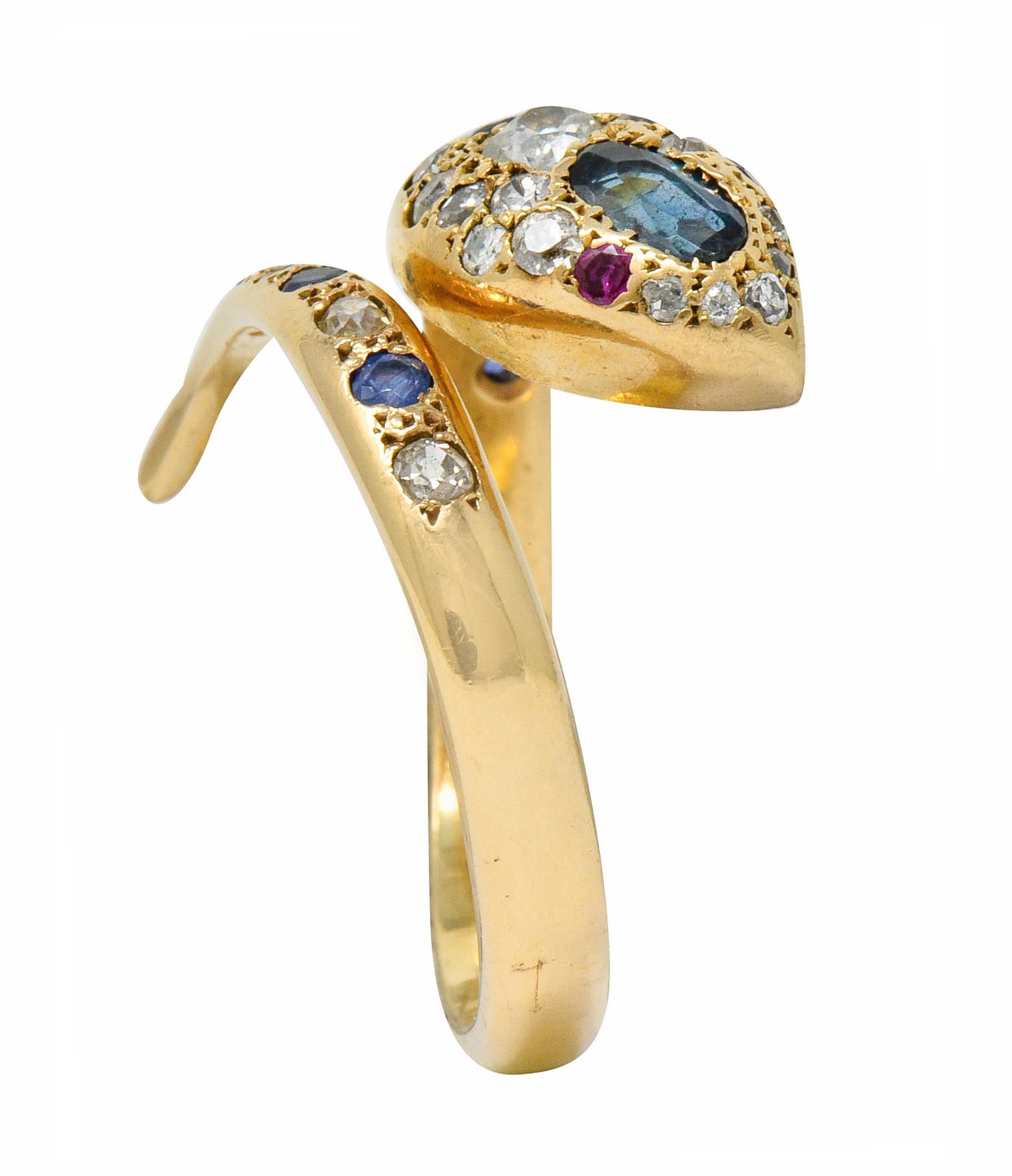 Large Victorian Sapphire Diamond 14 Karat Gold Unisex Bypass Snake Ring 5