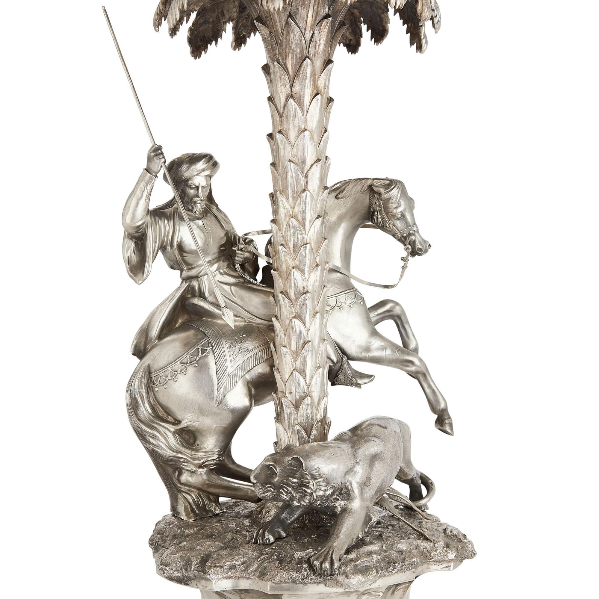 English Large Victorian Silver Orientalist Equestrian Centrepiece Edward Barnard & Sons For Sale