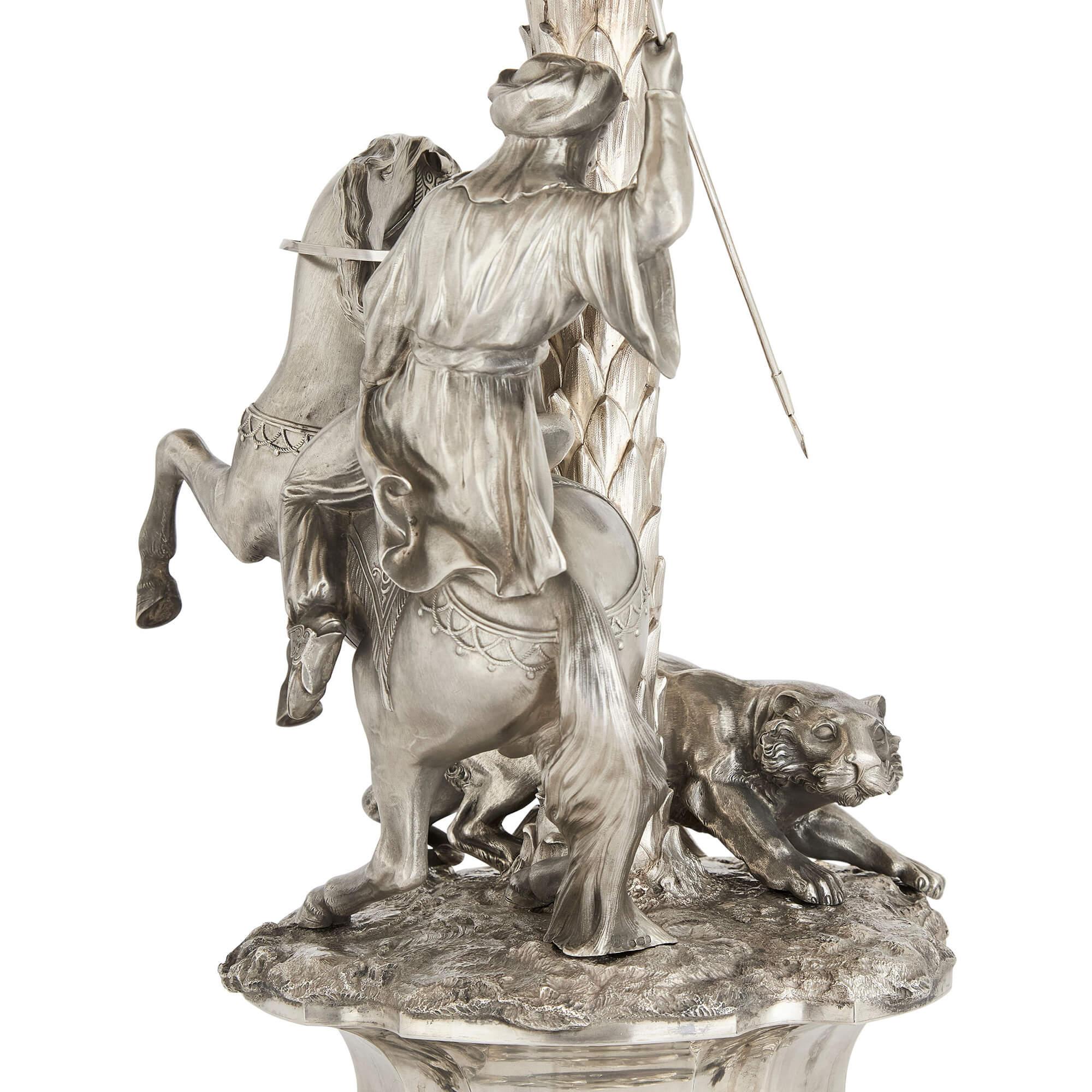 Large Victorian Silver Orientalist Equestrian Centrepiece Edward Barnard & Sons In Good Condition For Sale In London, GB