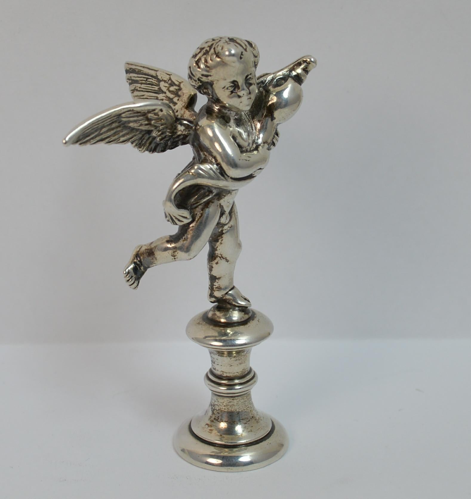 Large Victorian Solid Silver Table Fob Seal of Cherub and Dolphin In Good Condition In St Helens, GB