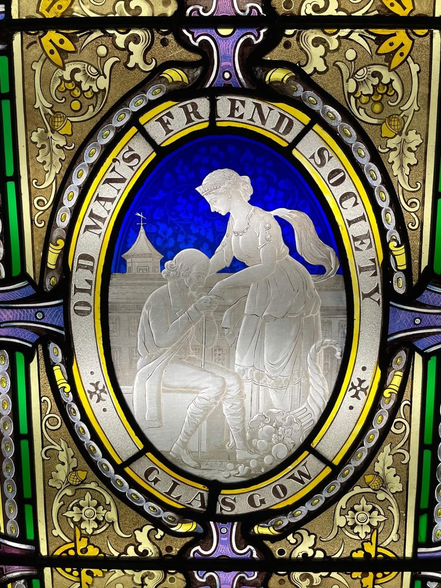 An impressive Victorian stained glass window by Adam & Small of Glasgow made in circa 1895 to commemorate the opening of the Old Man's Friend Society in Rottenrow Balmanno House in 1845. This large and vibrant piece is intricately decorated,