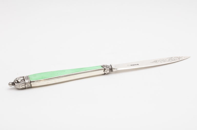 Large, Victorian, all sterling silver and light green guilloche enamel letter opener, Sheffield, England, year hallmarked for 1889, William Gibson and John Lawrence Langman (Gibson and Langman) - makers. Enamel is on one side of the handle. Sterling