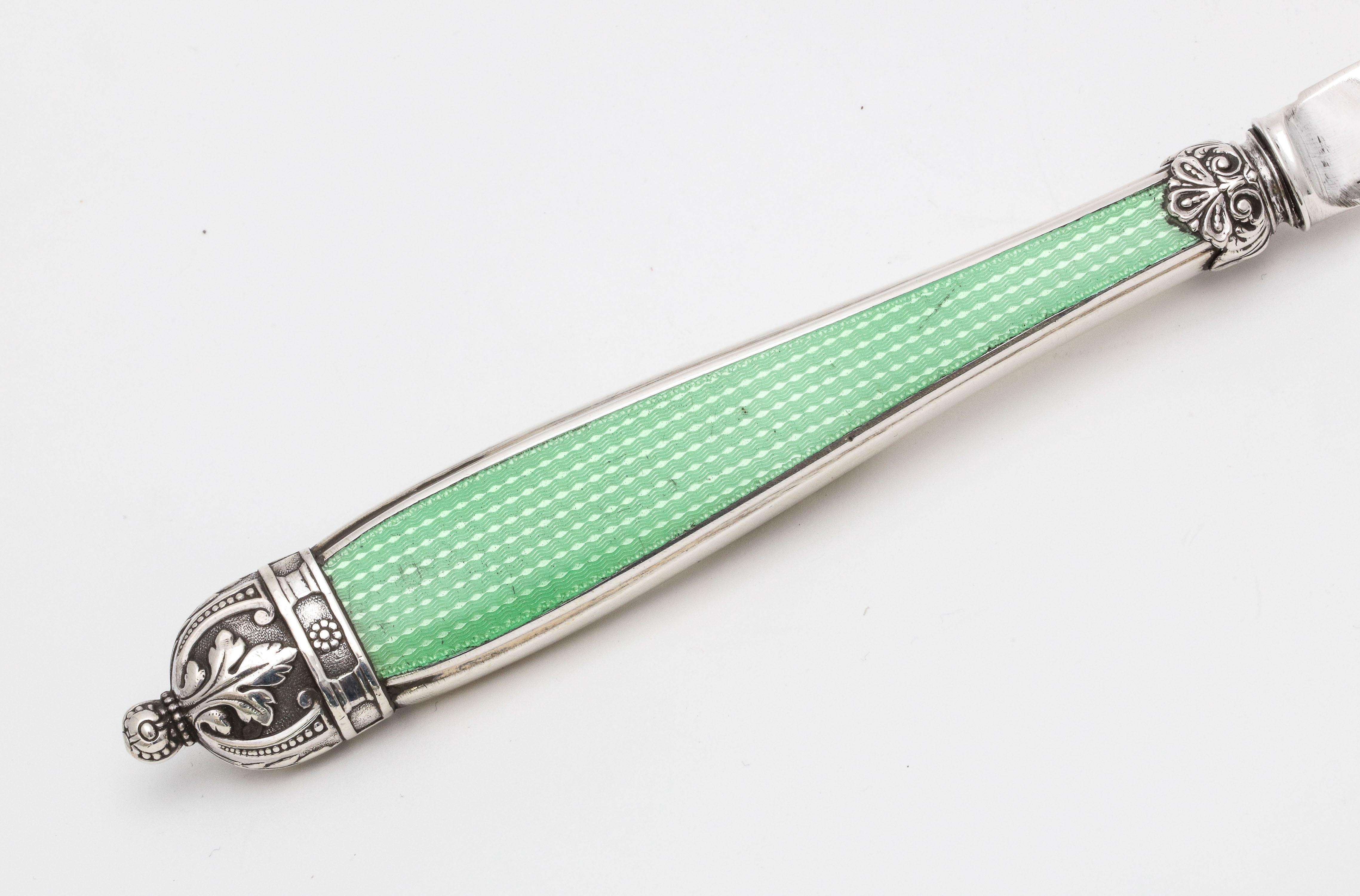 English Large Victorian Sterling Silver and Light Green Guilloche Enamel-Letter Opener