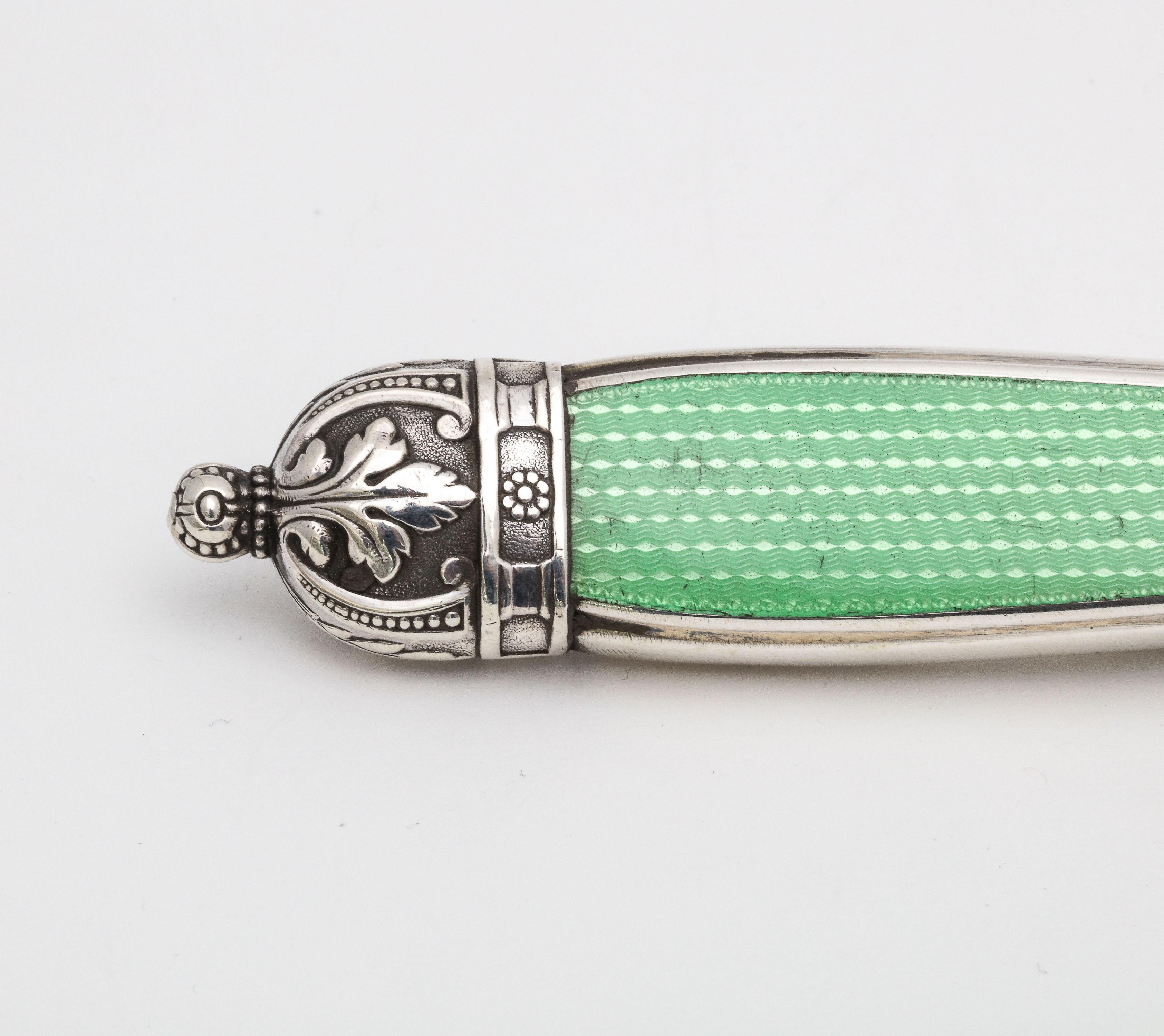 English Large Victorian Sterling Silver and Light Green Guilloche Enamel-Letter Opener