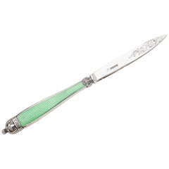 Antique Large Victorian Sterling Silver and Light Green Guilloche Enamel-Letter Opener