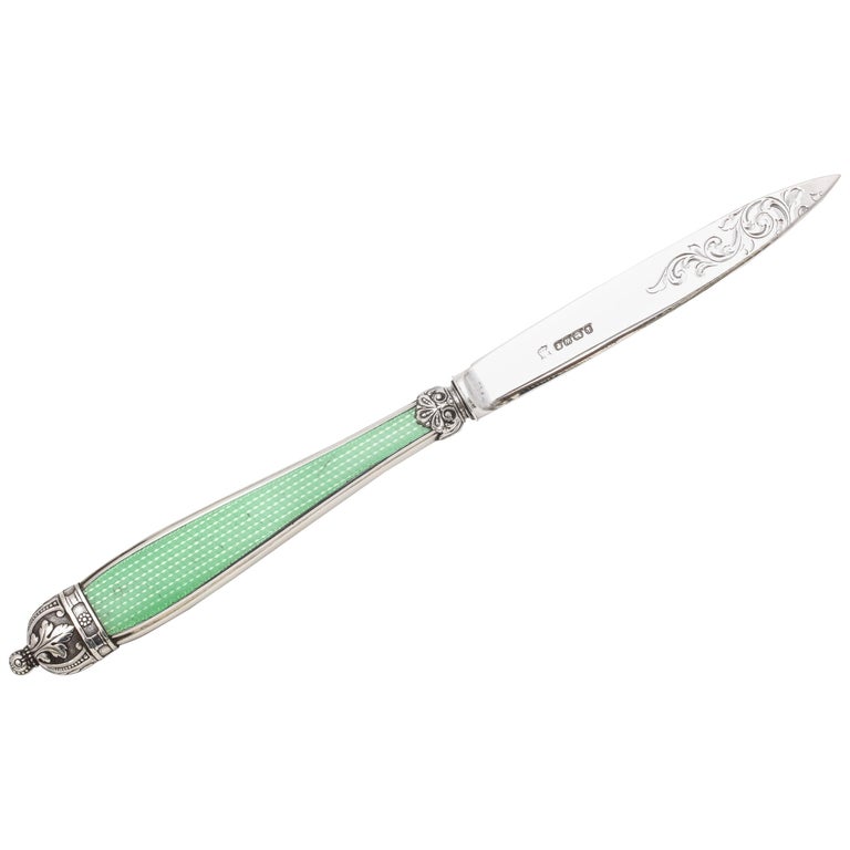 Large Victorian Sterling Silver and Light Green Guilloche Enamel-Letter Opener For Sale