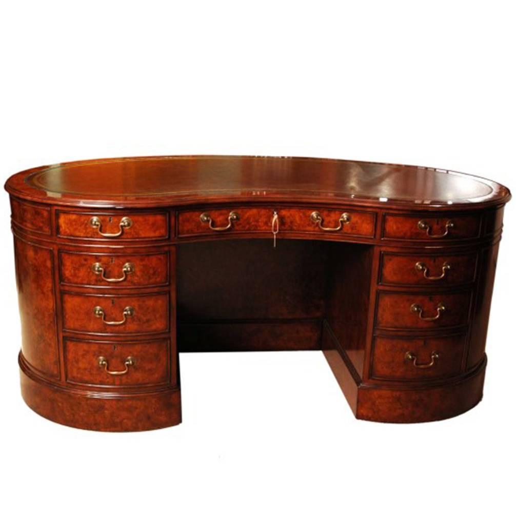 Large Victorian Style Burr Walnut Kidney Partner's Desk