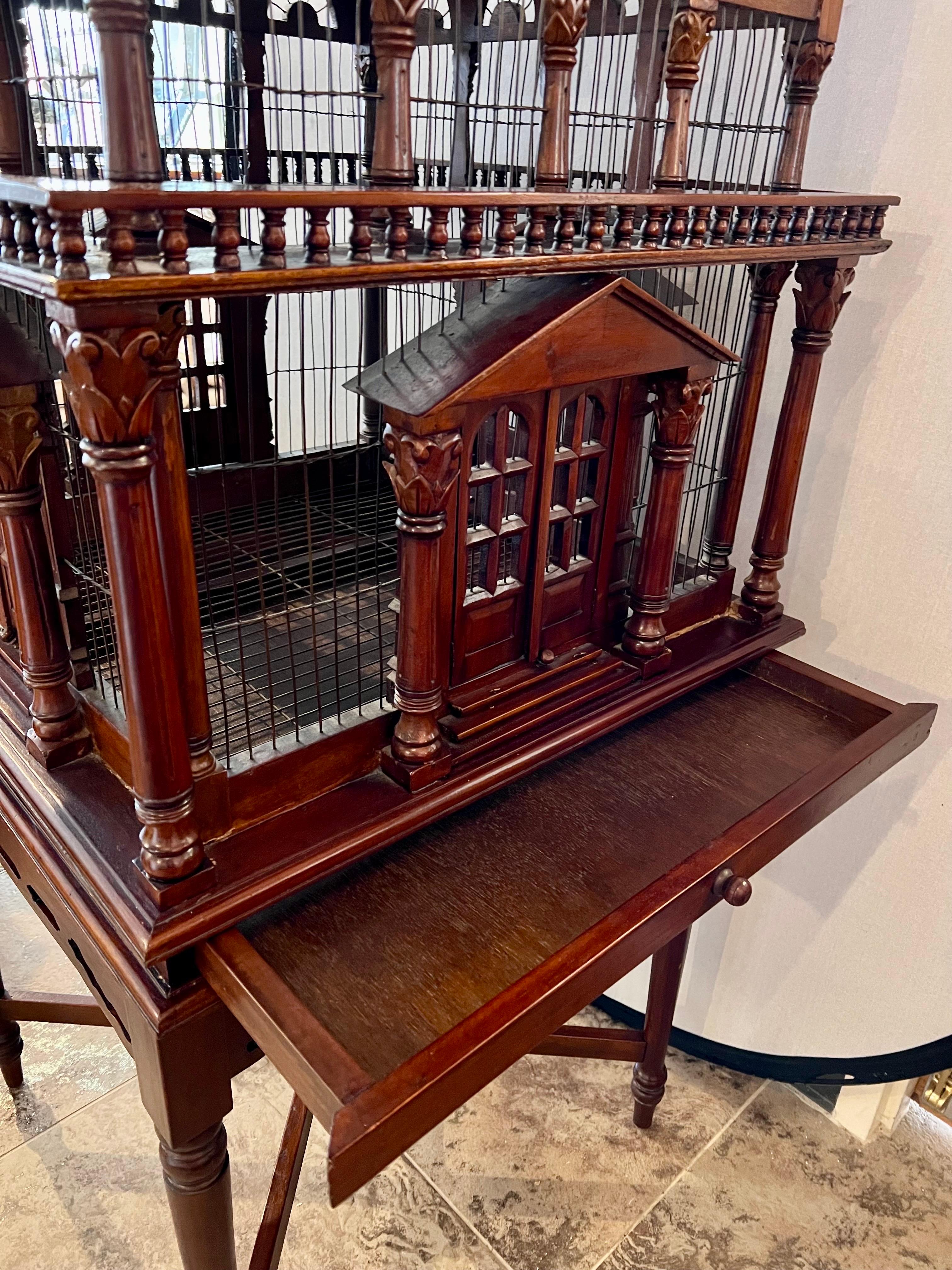 American Large Victorian Style Carved Wood Bird Cage on Table Stand