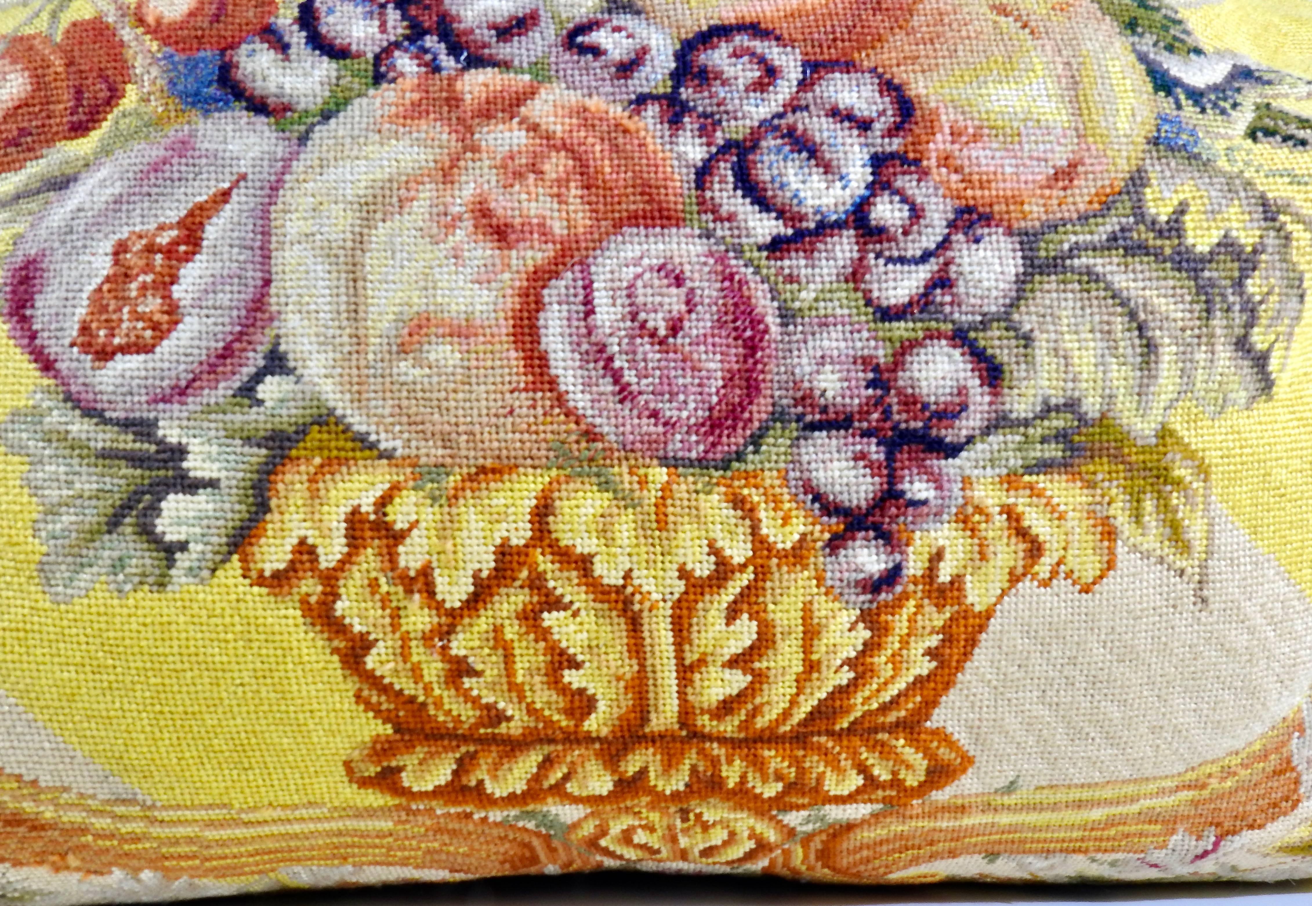 French Needlepoint Pillow Fruit Bowl Design with Down, Victorian For Sale