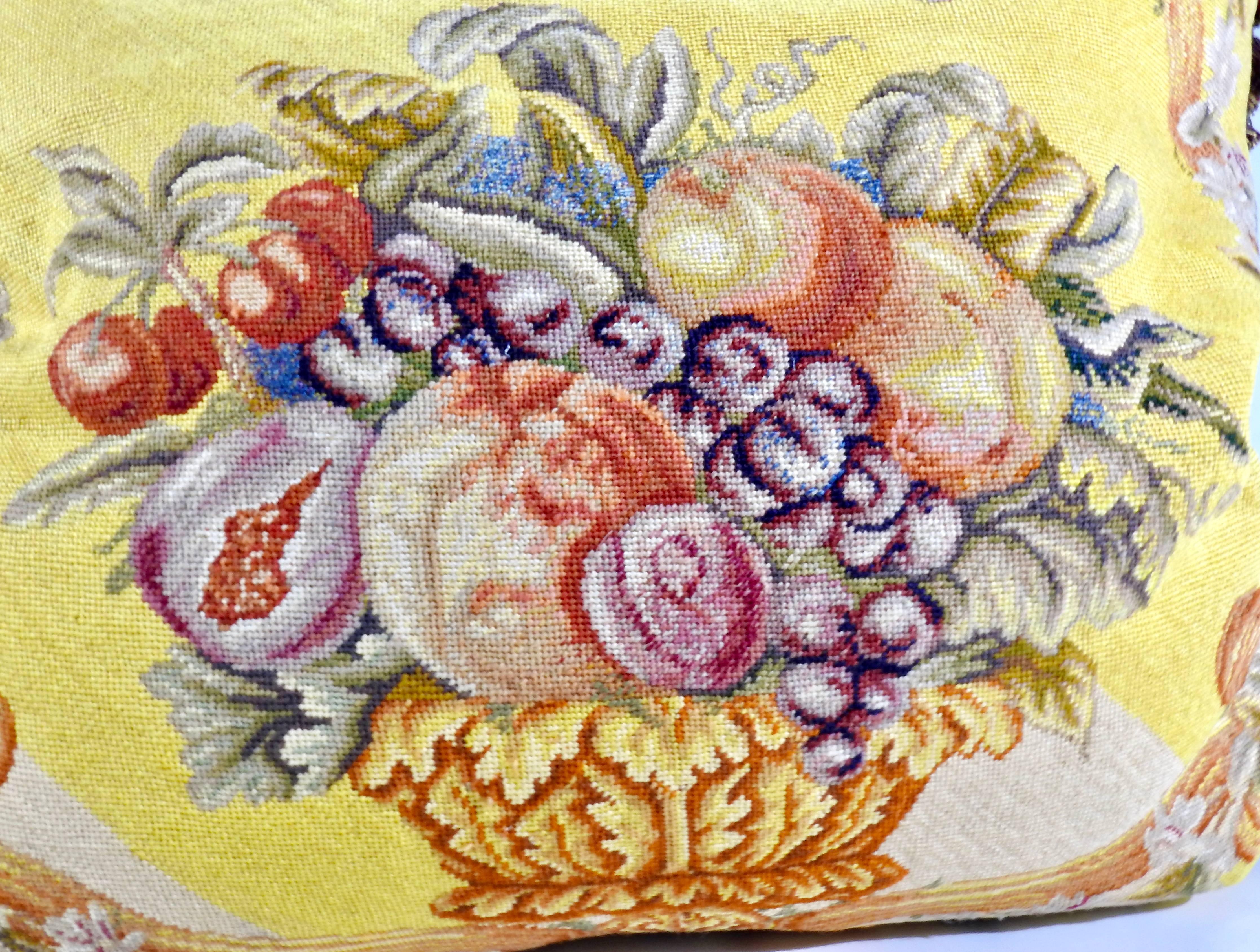 Hand-Crafted Needlepoint Pillow Fruit Bowl Design with Down, Victorian For Sale