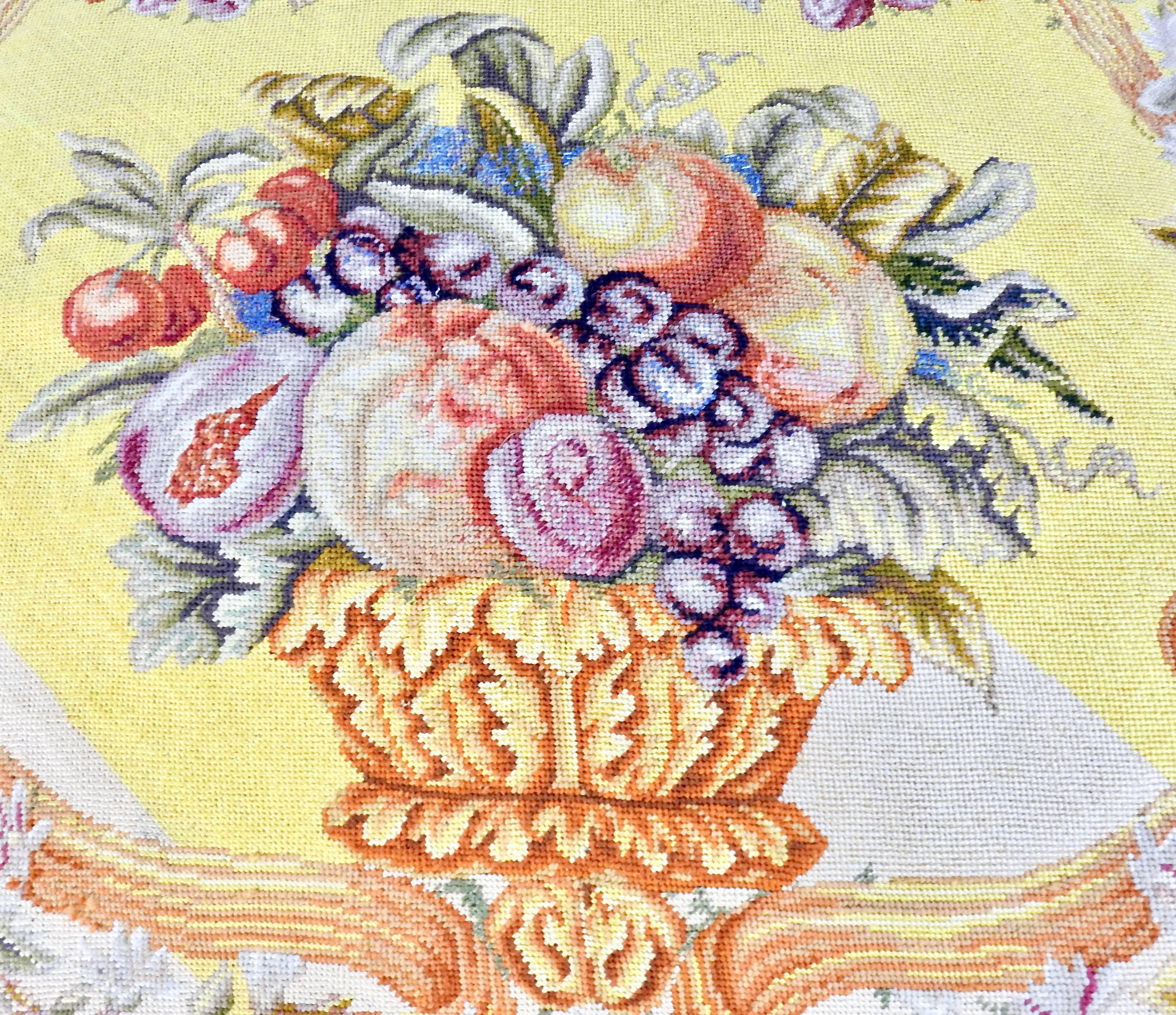 Fabric Needlepoint Pillow Fruit Bowl Design with Down, Victorian For Sale