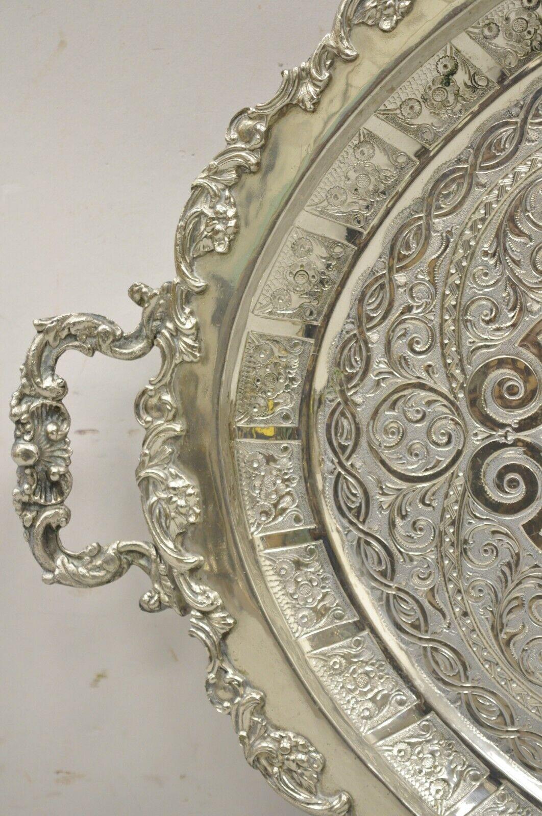 Large Victorian Style Oval Silver Plated Serving Platter Tray on Raised Feet For Sale 7