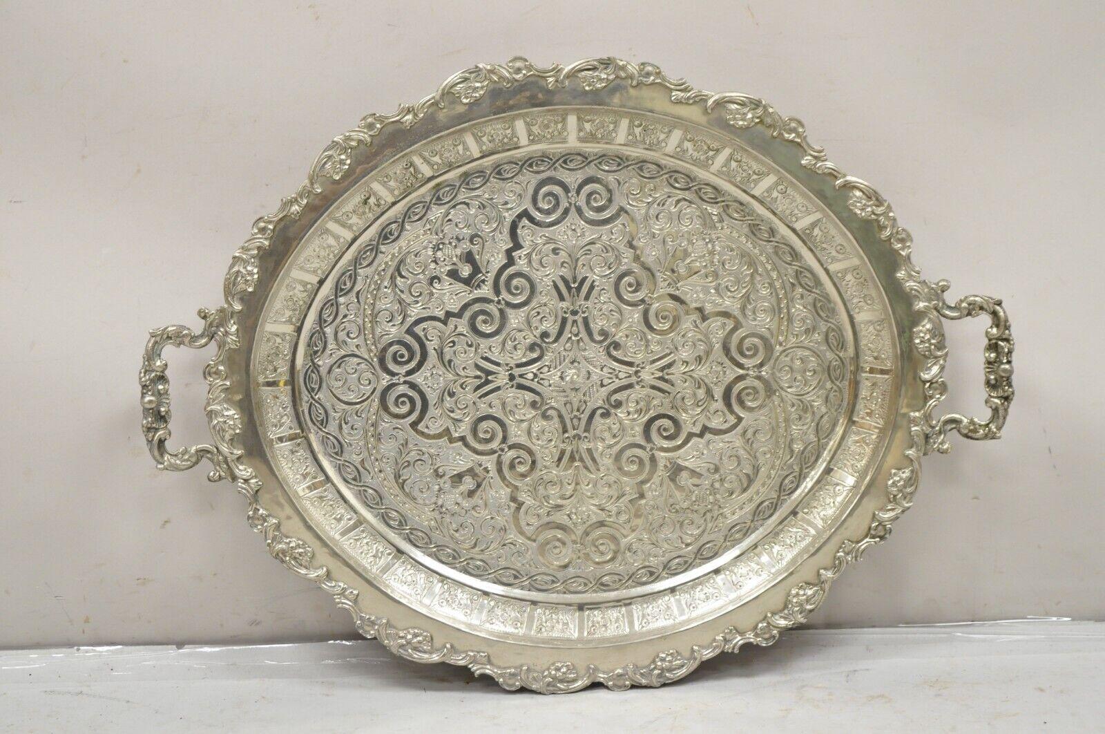 Large Victorian Style Oval Silver Plated Serving Platter Tray on Raised Feet In Good Condition For Sale In Philadelphia, PA