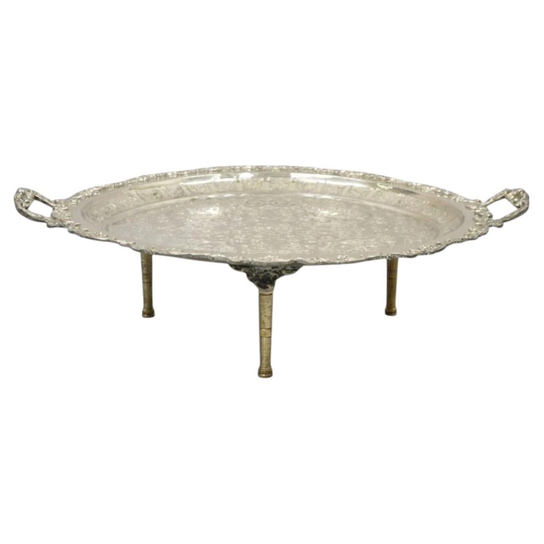 Large Victorian Style Oval Silver Plated Serving Platter Tray Raised on Feet For Sale