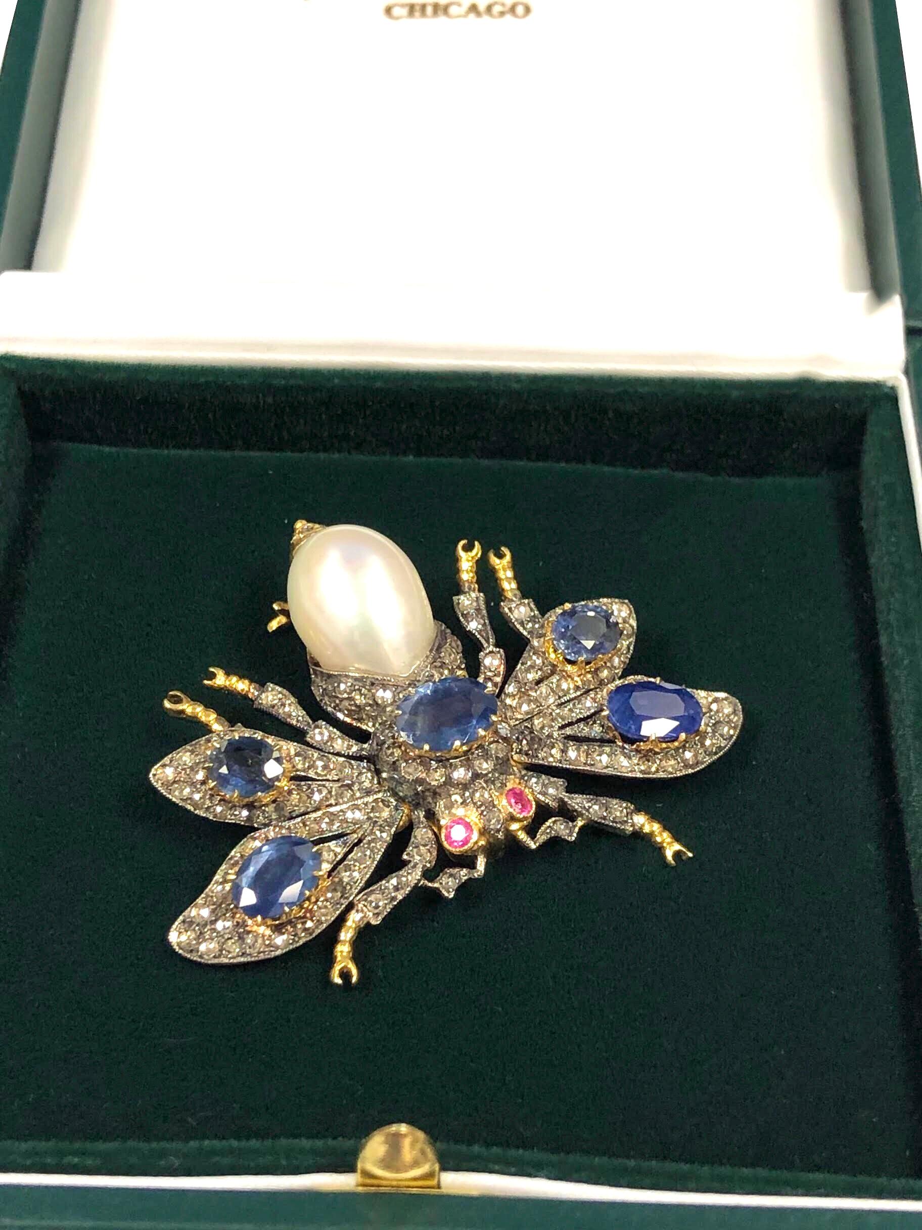 Large Victorian Style Silver Gold Diamond Sapphire Articulated Bug Pin Brooch In Excellent Condition In Chicago, IL