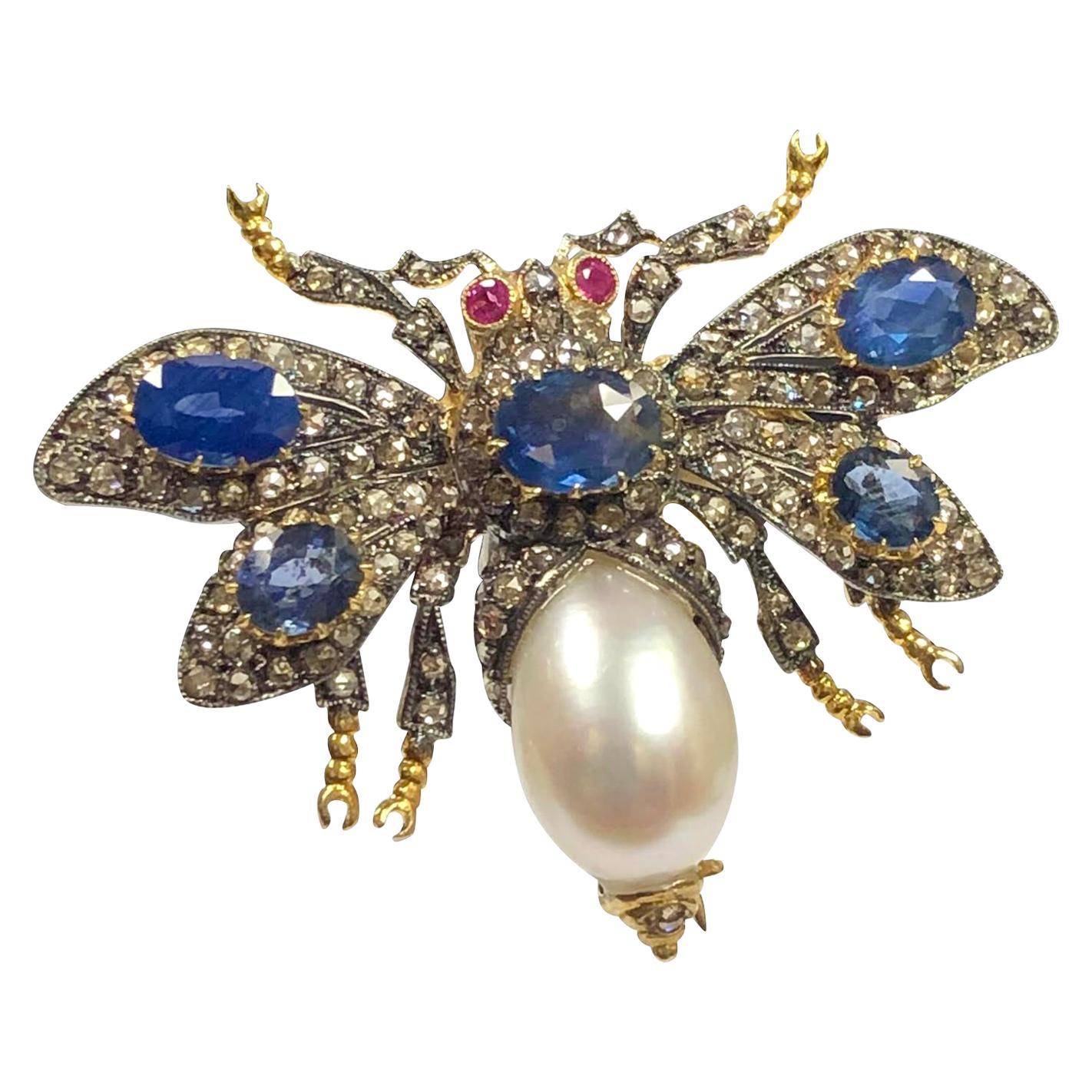 Large Victorian Style Silver Gold Diamond Sapphire Articulated Bug Pin Brooch
