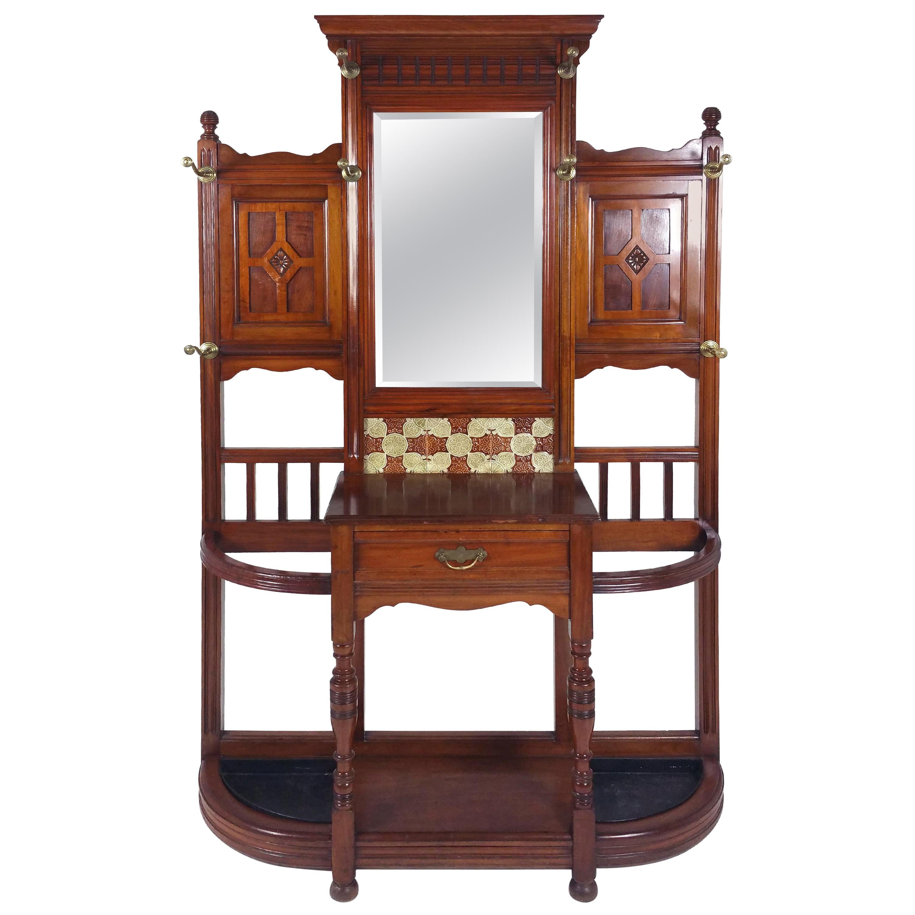 Large Victorian Walnut Mirror Backed Hall Stand For Sale
